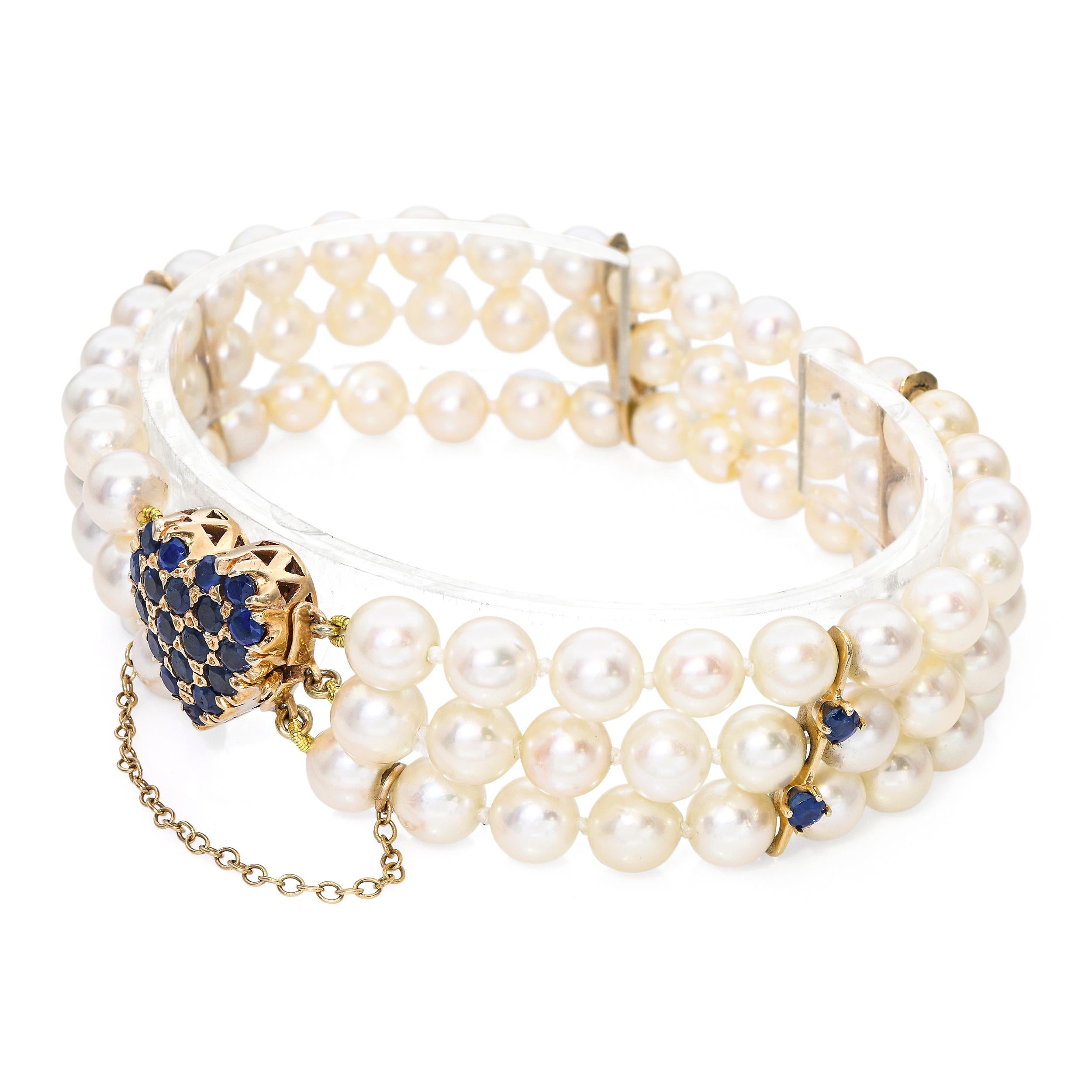 Vintage 14k Gold 2.5tcw Sapphire and Pearl Heart Clasp Triple Strand Bracelet
