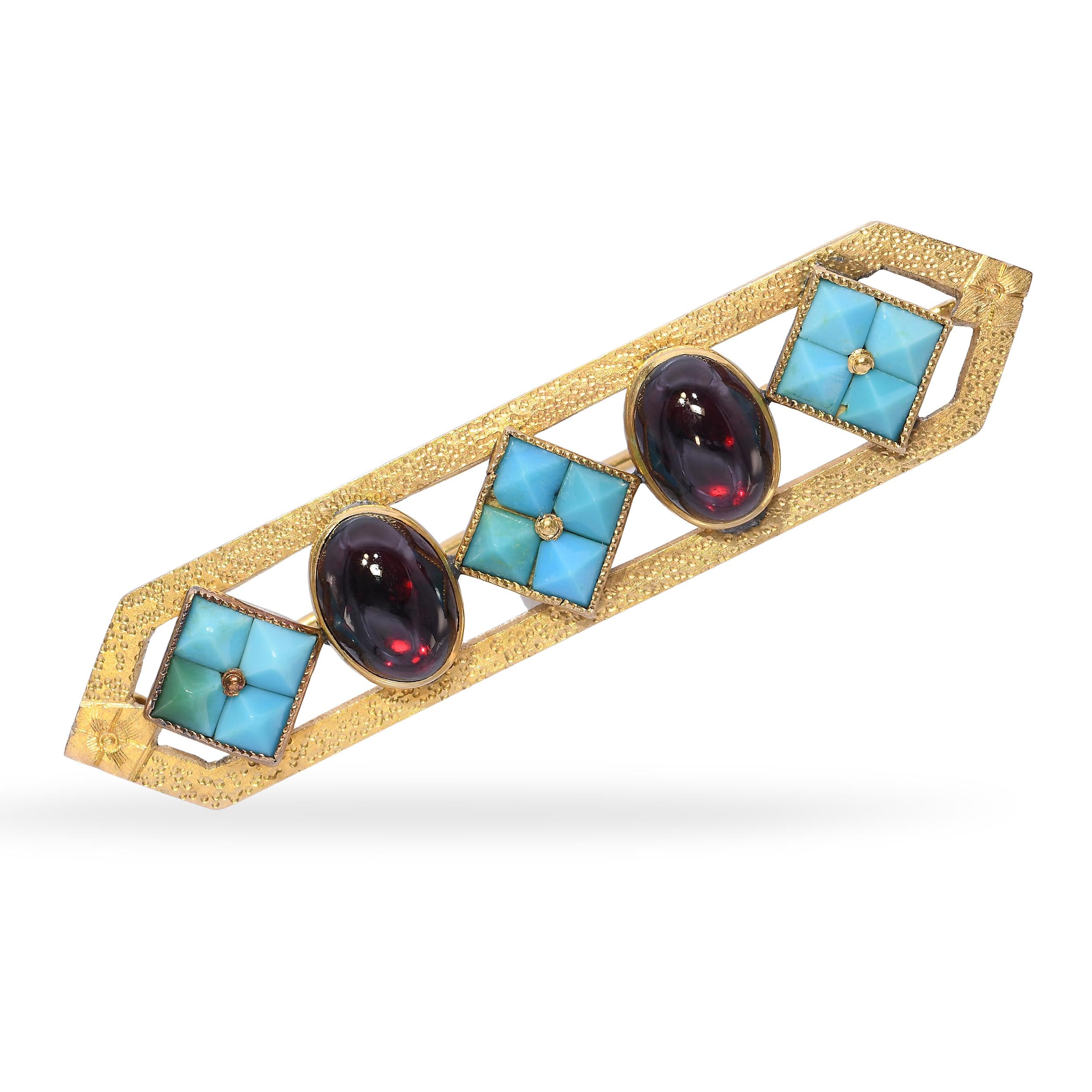 Antique 14k Yellow Gold Faceted Turquoise and Almandine Garnet Bar Brooch