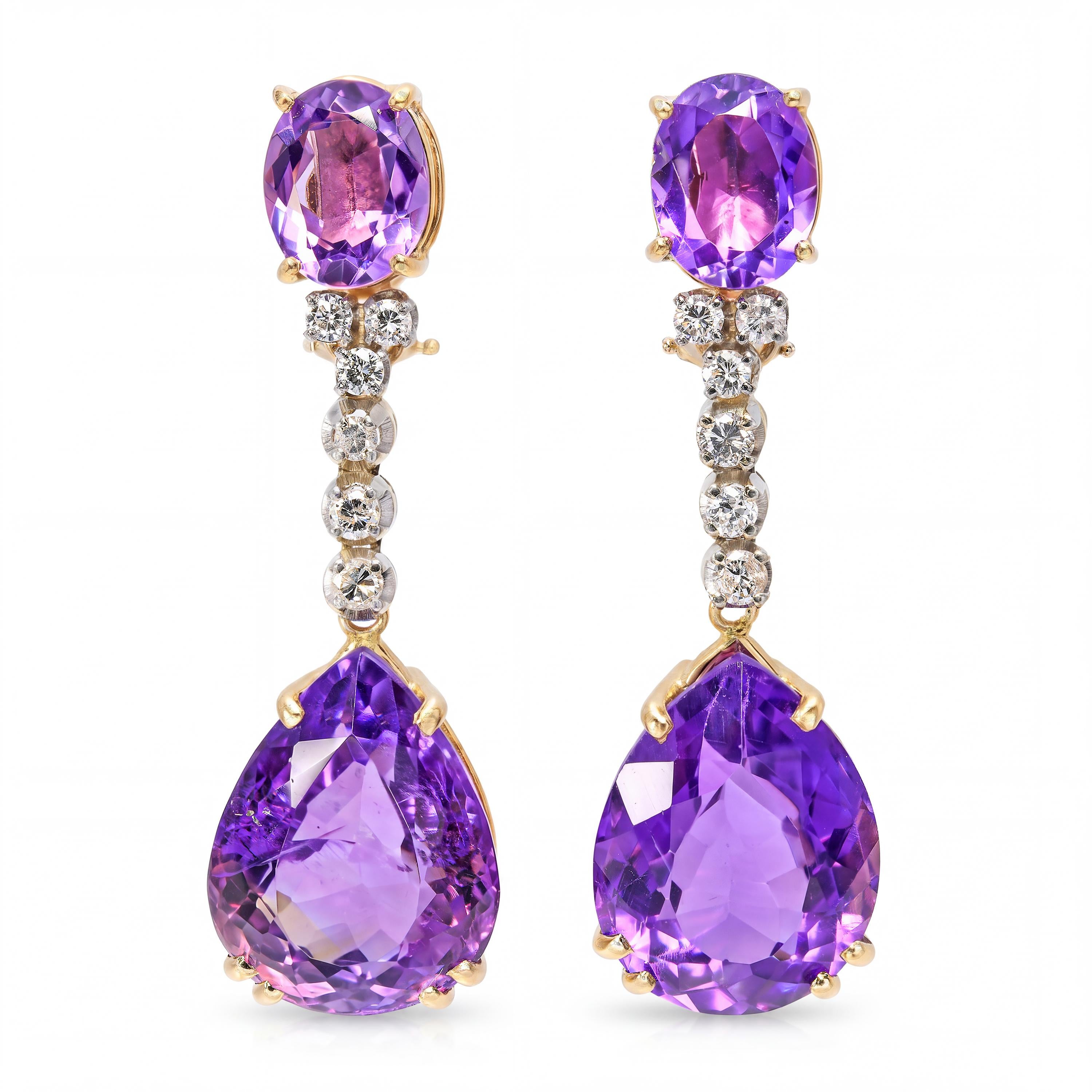 Vintage 14k Yellow Gold 29.58tcw Amethyst & Diamond Drop Earrings