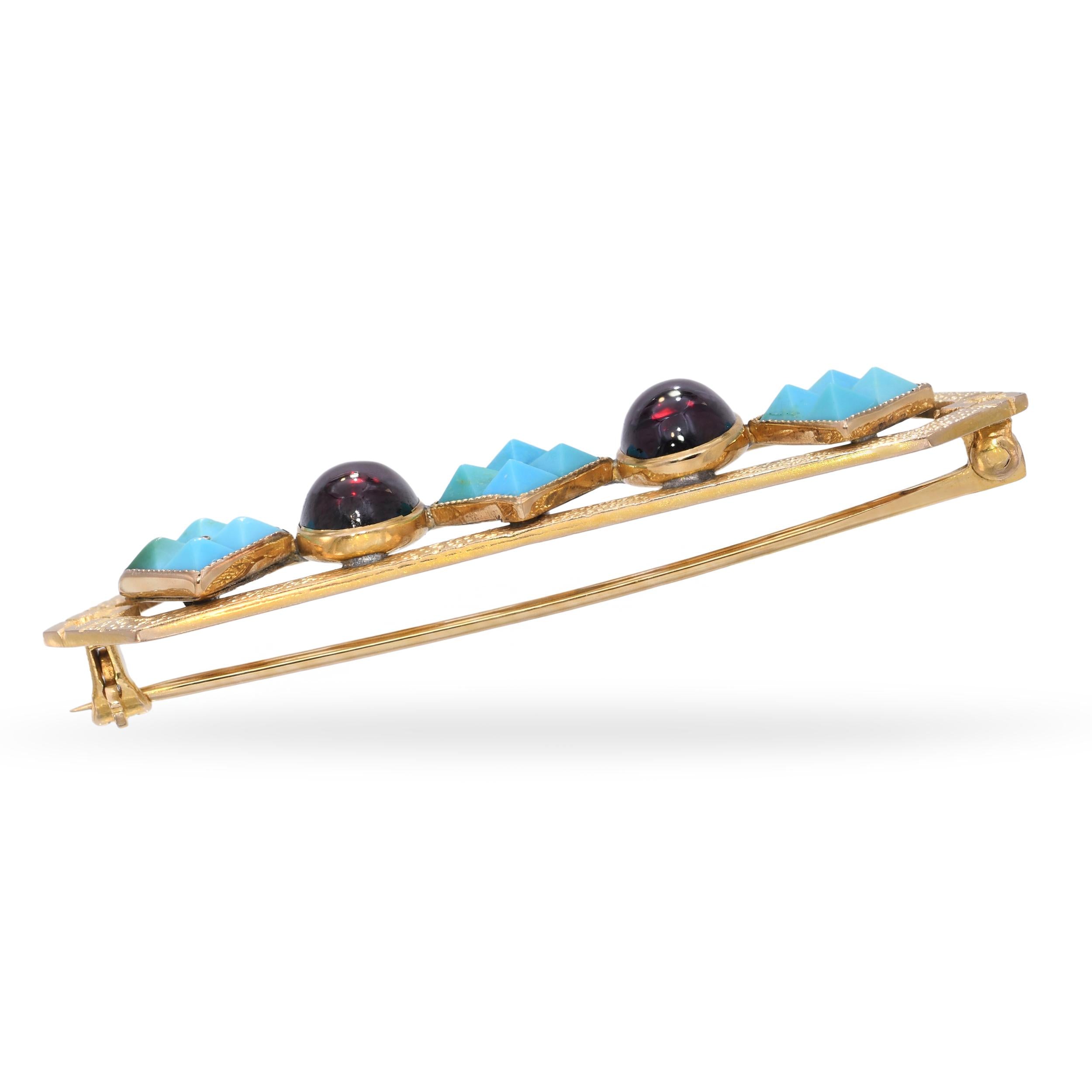 Antique 14k Yellow Gold Faceted Turquoise and Almandine Garnet Bar Brooch