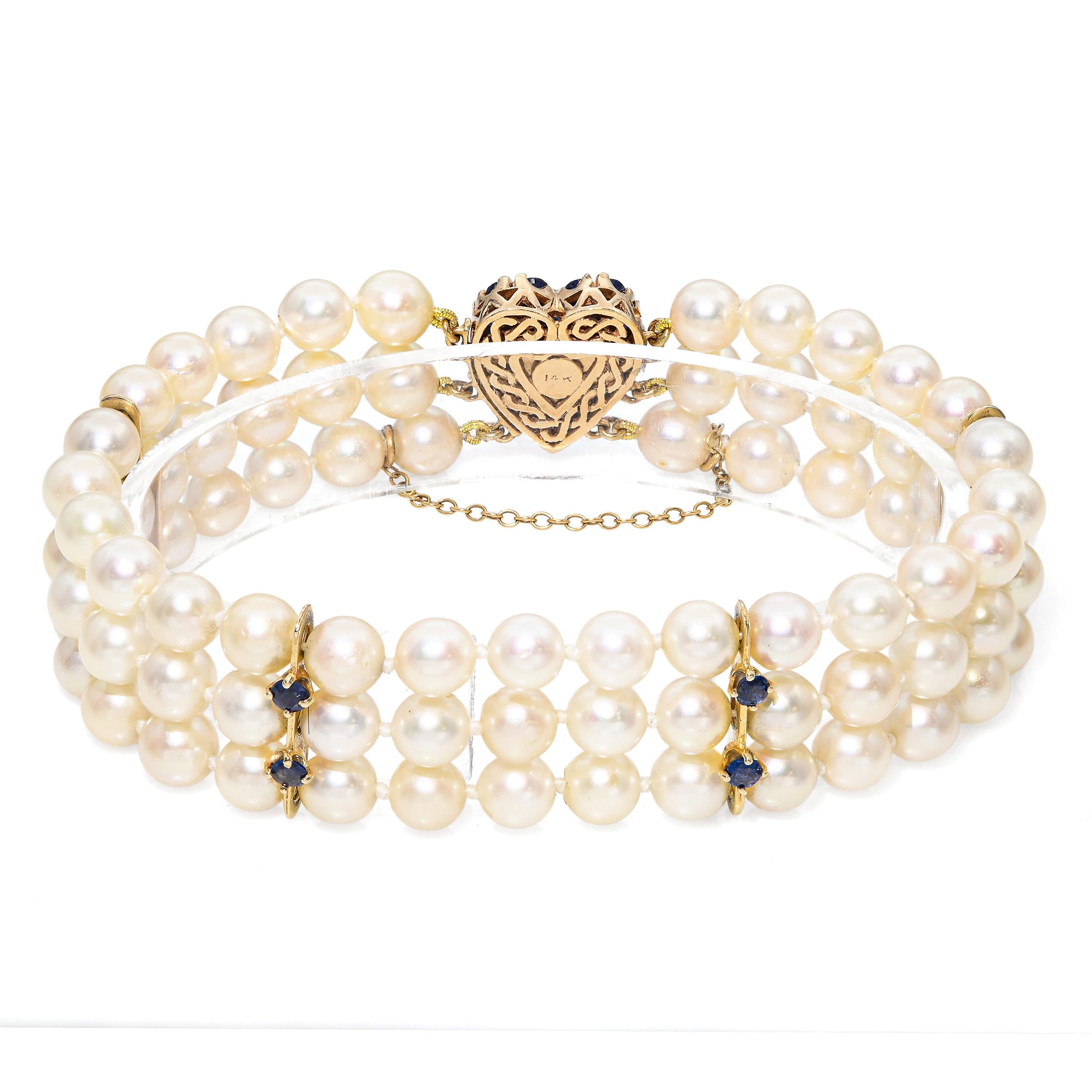Vintage 14k Gold 2.5tcw Sapphire and Pearl Heart Clasp Triple Strand Bracelet