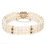 Vintage 14k Gold 2.5tcw Sapphire and Pearl Heart Clasp Triple Strand Bracelet