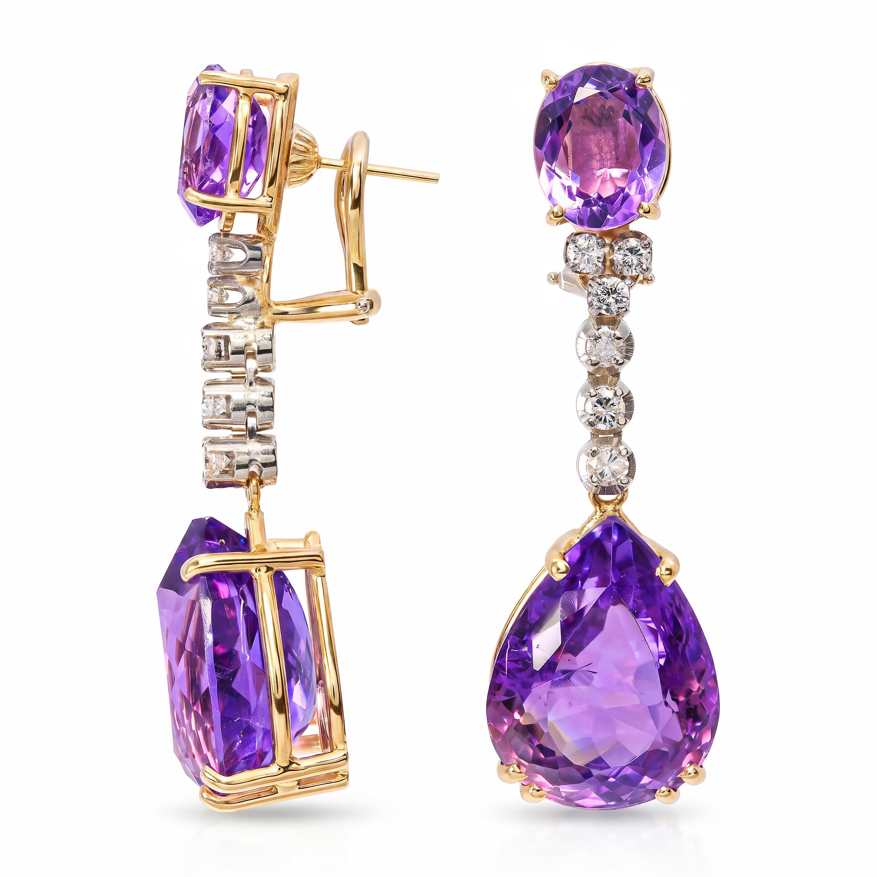 Vintage 14k Yellow Gold 29.58tcw Amethyst & Diamond Drop Earrings