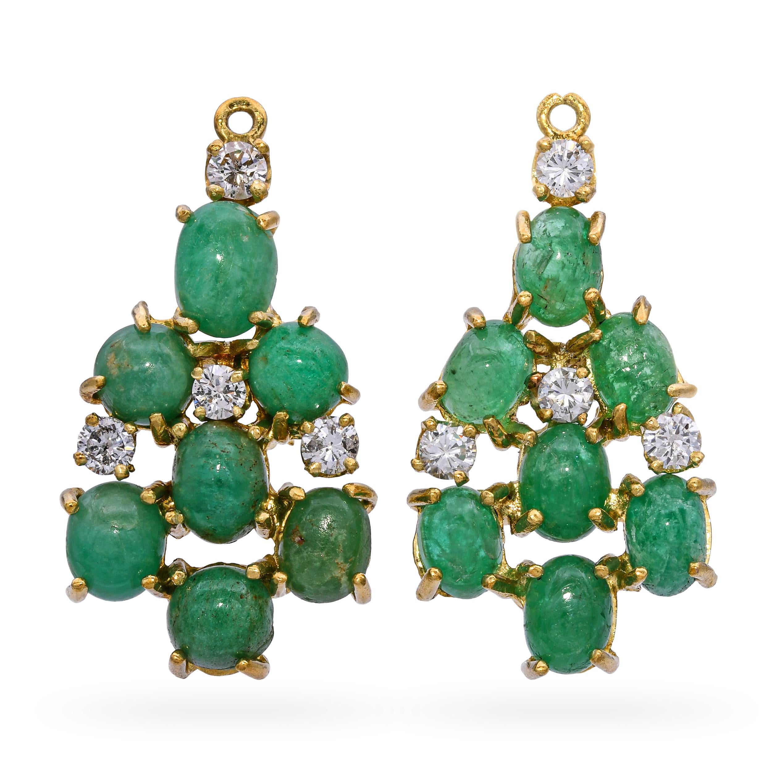 Vintage 18k Yellow Gold Emerald and Diamond Earring Jackets