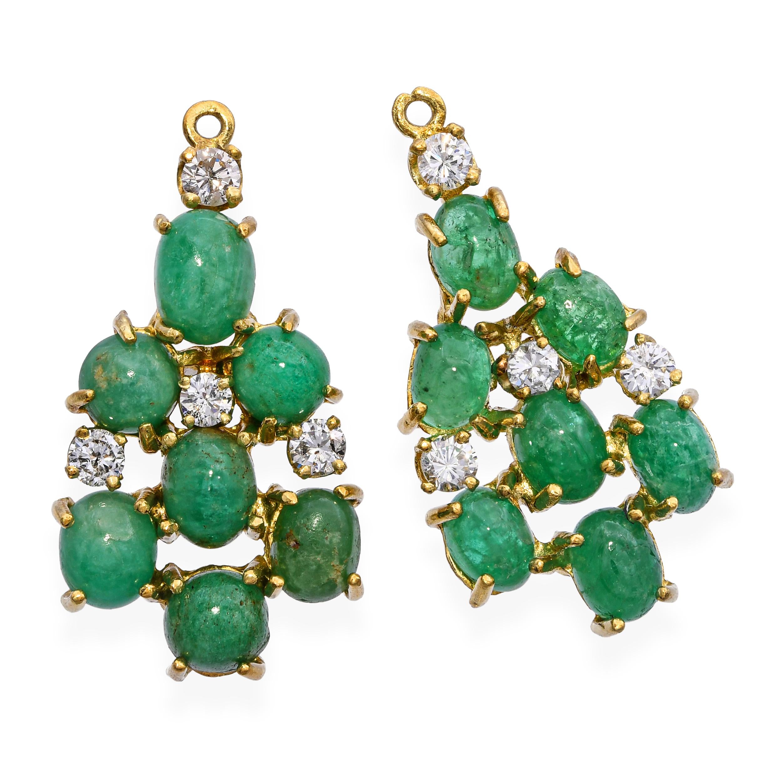 Vintage 18k Yellow Gold Emerald and Diamond Earring Jackets