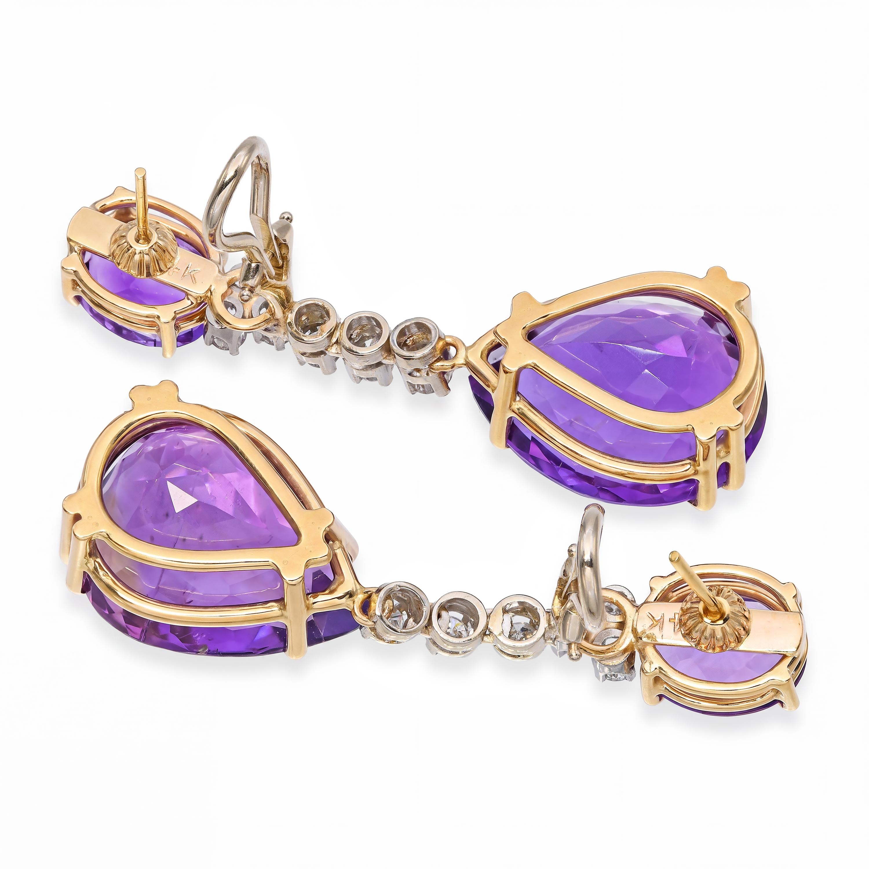 Vintage 14k Yellow Gold 29.58tcw Amethyst & Diamond Drop Earrings