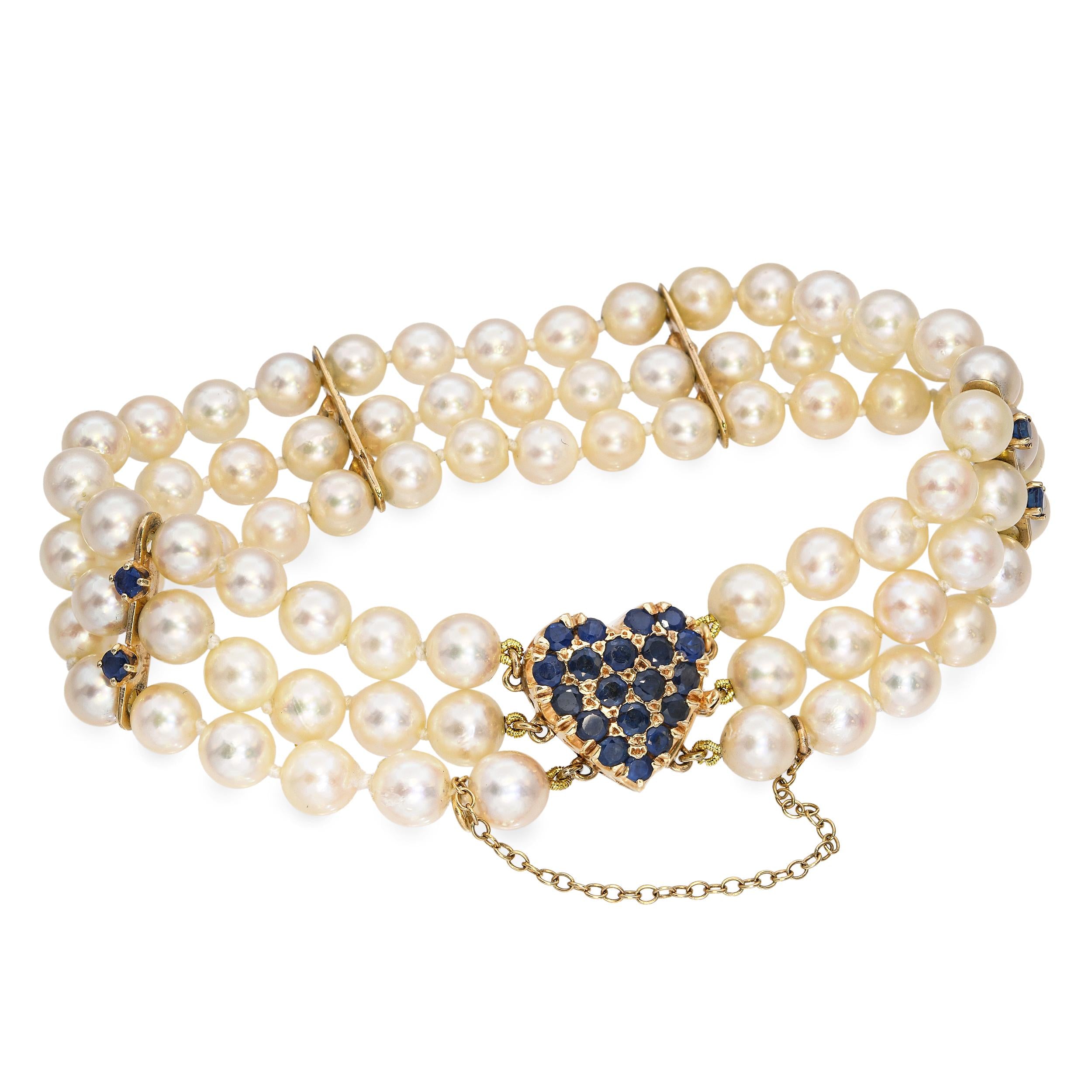 Vintage 14k Gold 2.5tcw Sapphire and Pearl Heart Clasp Triple Strand Bracelet