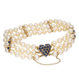 Vintage 14k Gold 2.5tcw Sapphire and Pearl Heart Clasp Triple Strand Bracelet