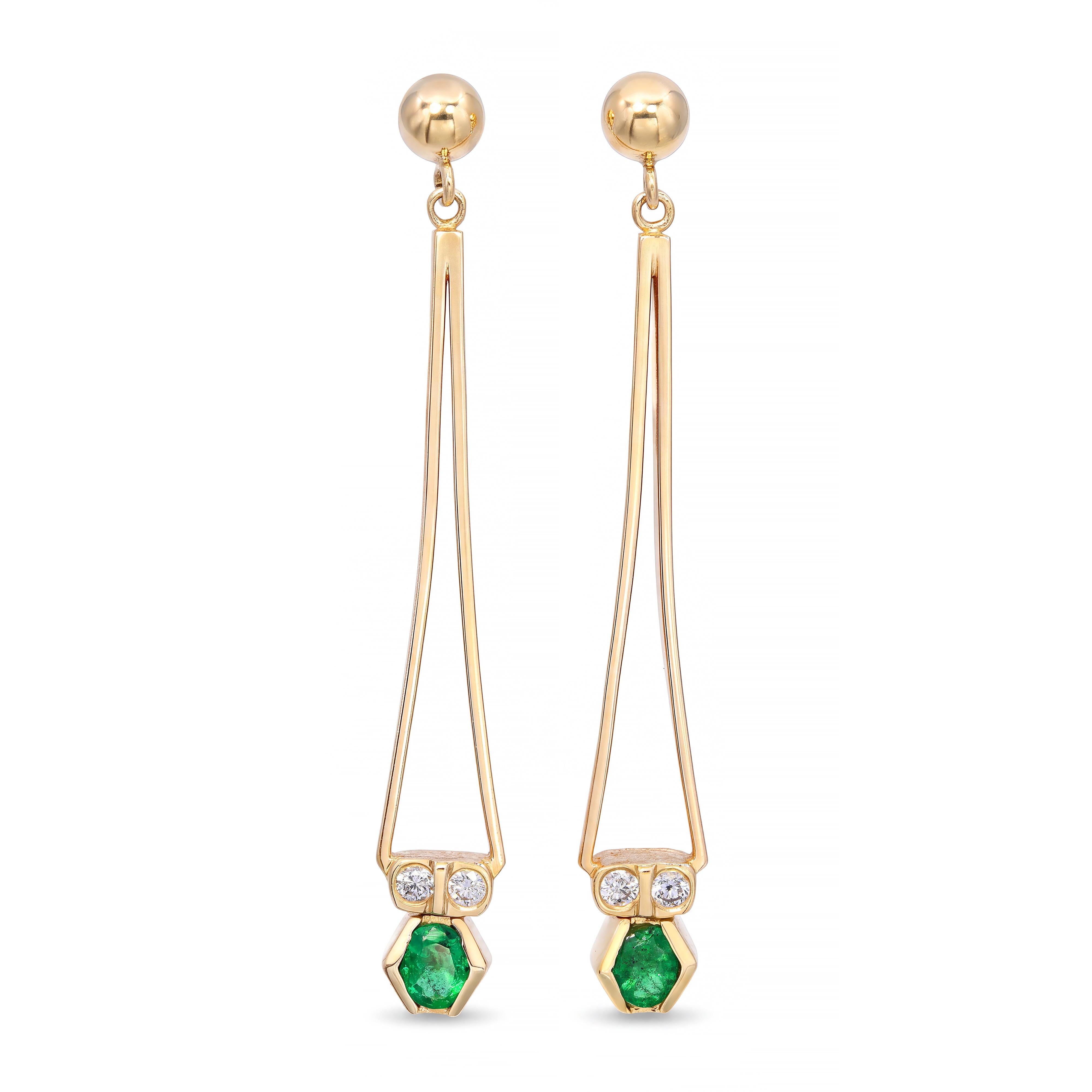 14k Yellow Gold Emerald and Diamond Geometric Drop Earrings