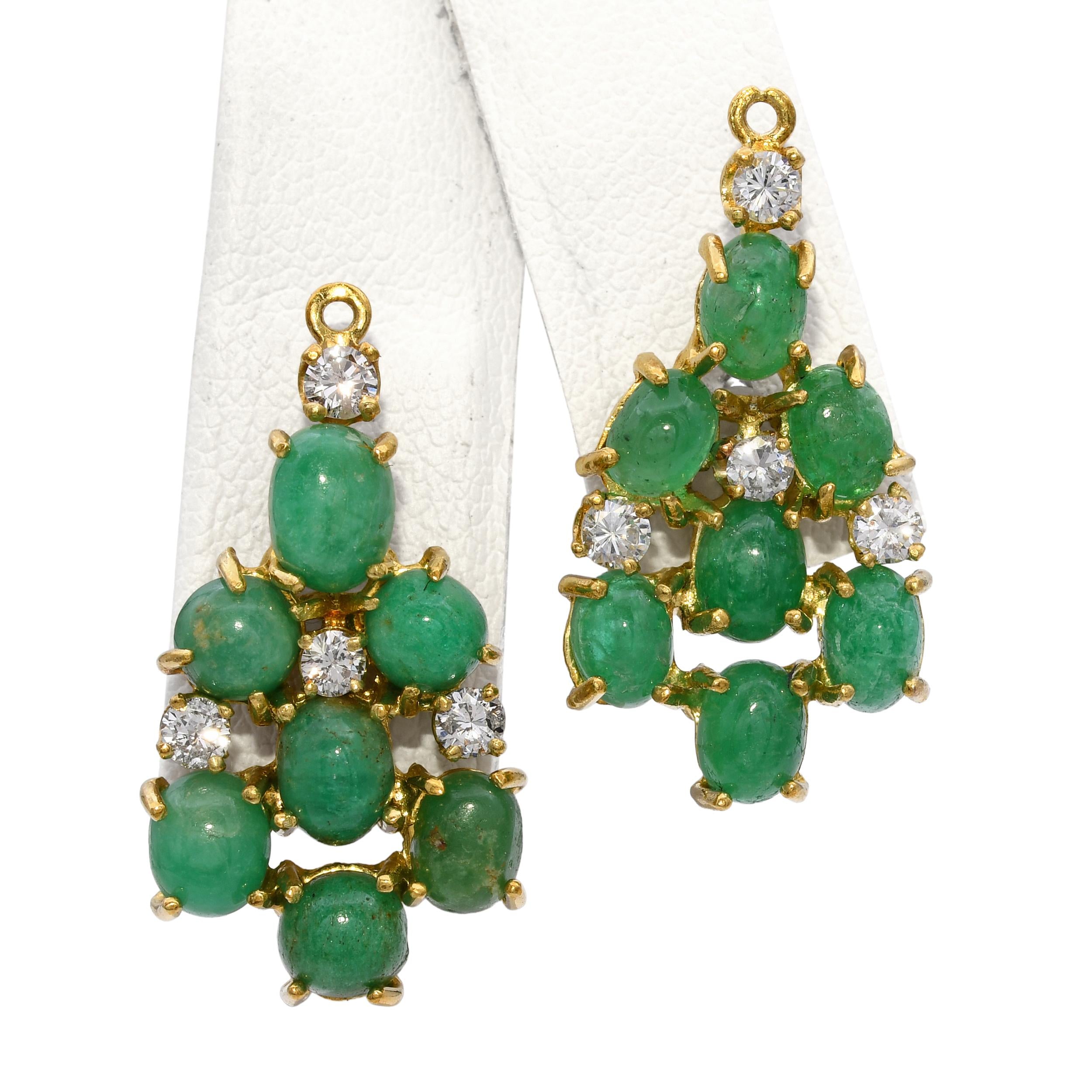Vintage 18k Yellow Gold Emerald and Diamond Earring Jackets