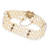 Vintage 14k Gold 2.5tcw Sapphire and Pearl Heart Clasp Triple Strand Bracelet