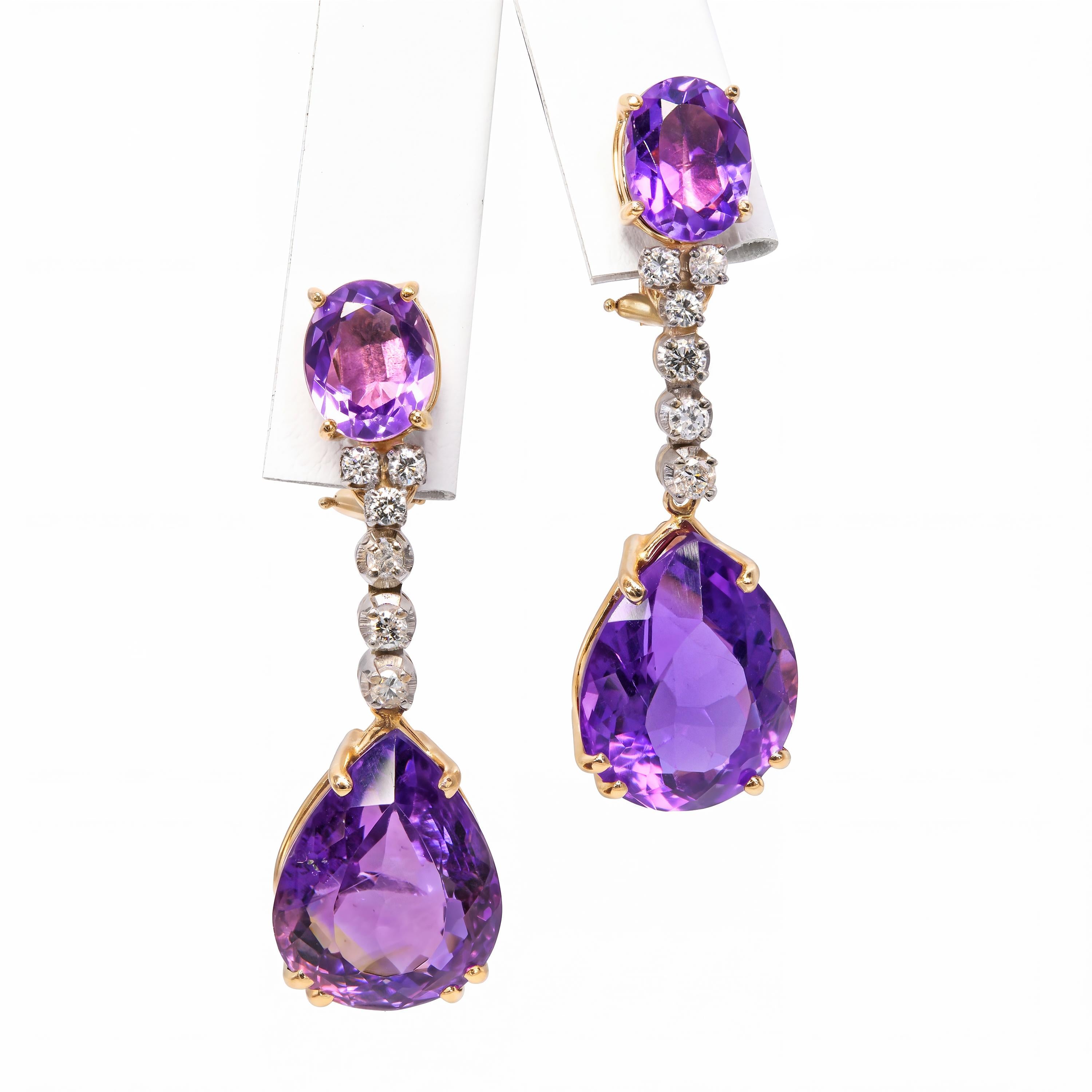 Vintage 14k Yellow Gold 29.58tcw Amethyst & Diamond Drop Earrings