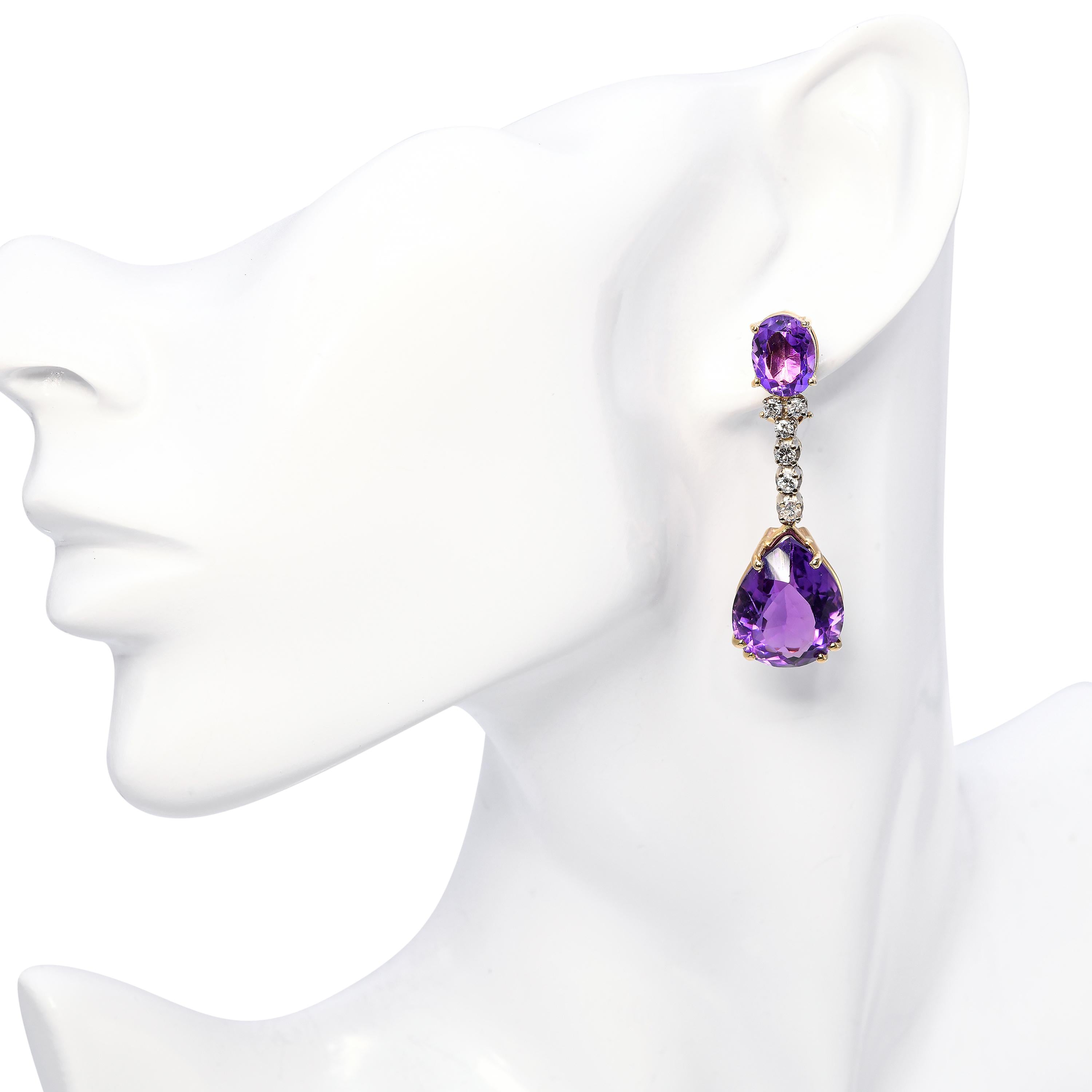 Vintage 14k Yellow Gold 29.58tcw Amethyst & Diamond Drop Earrings