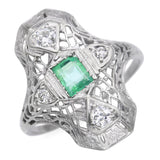 Vintage 18k White Gold 0.35tcw Emerald Diamond Filigree Ring