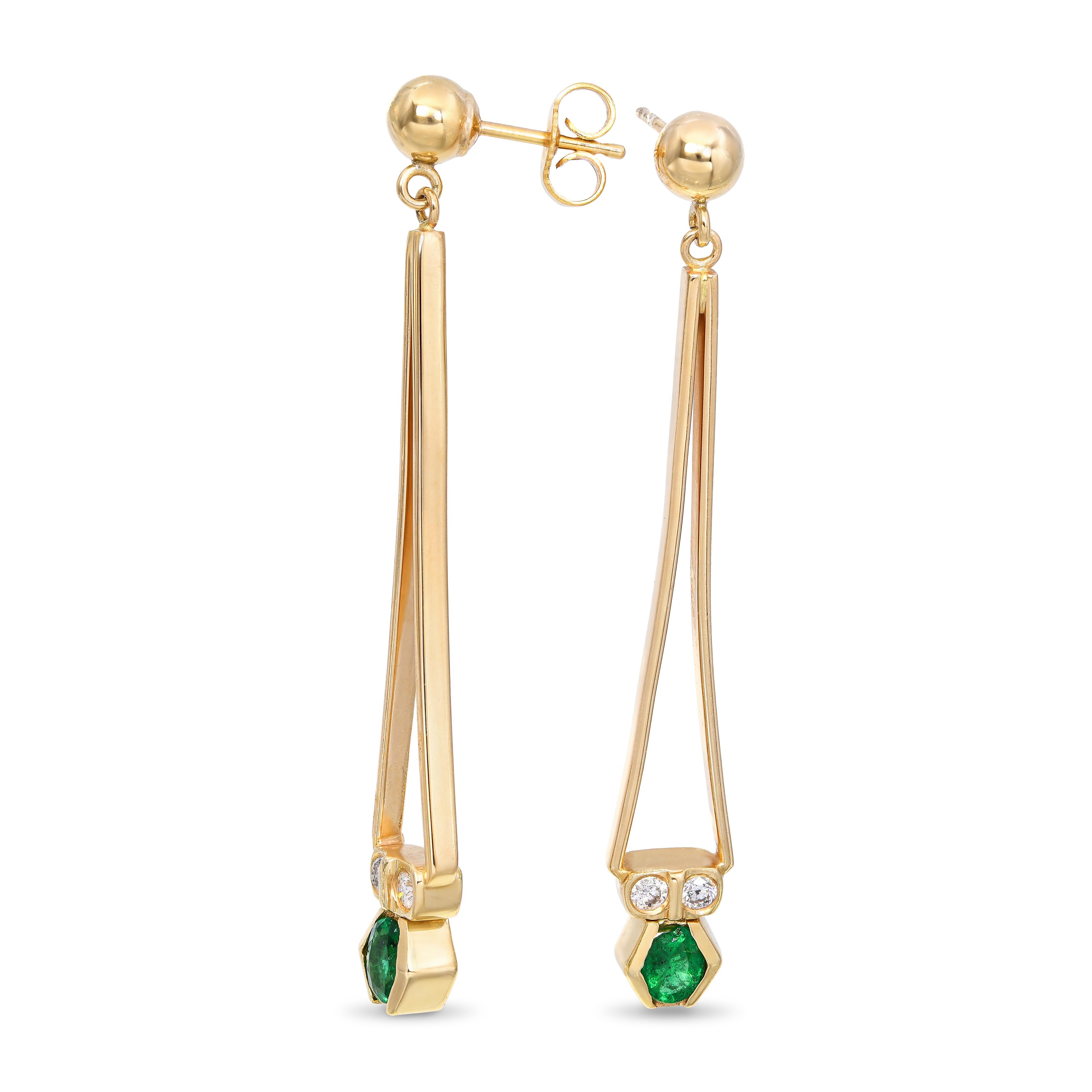 14k Yellow Gold Emerald and Diamond Geometric Drop Earrings