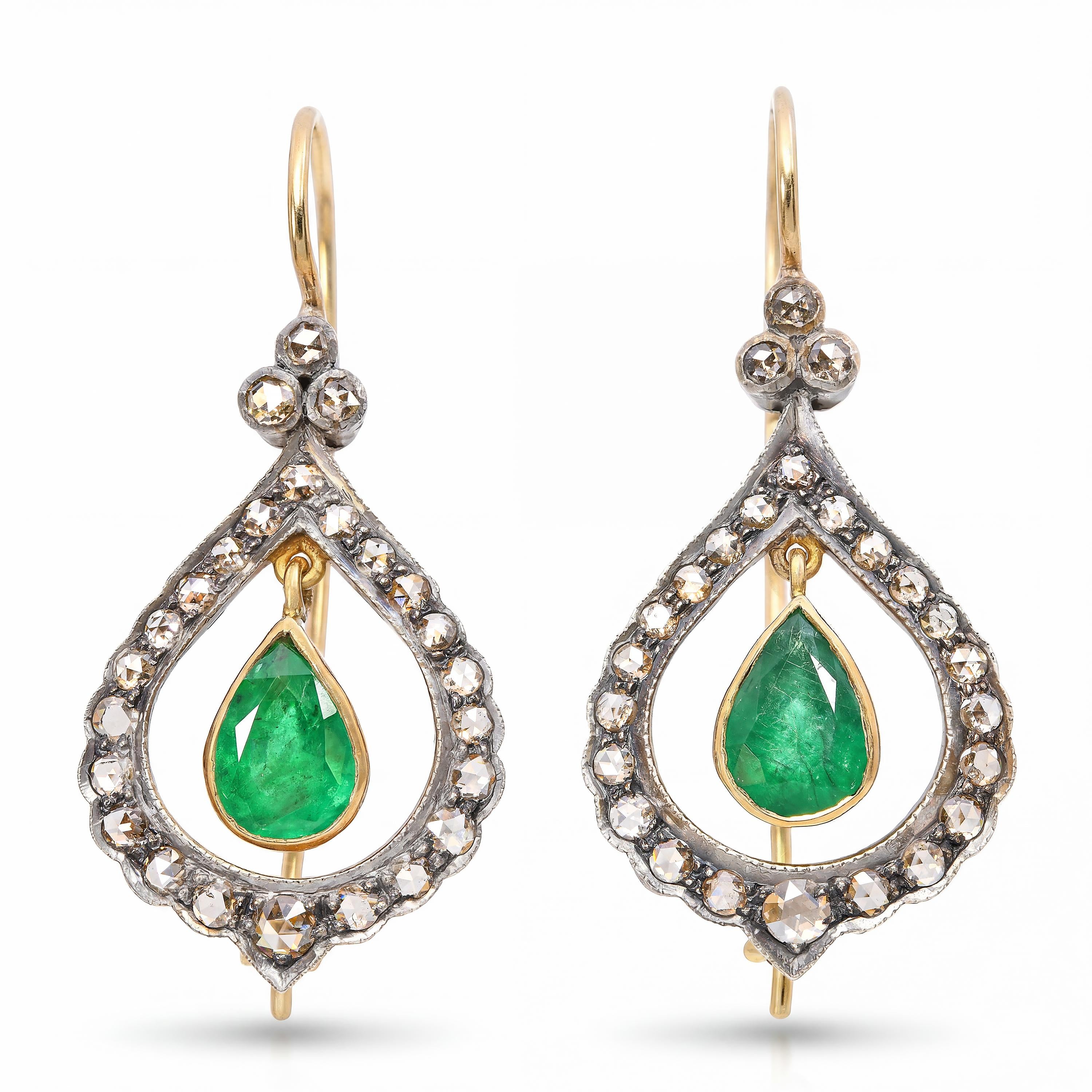 Vintage 17k Yellow Gold & Silver 2.46ctw Emerald & Diamond Earrings