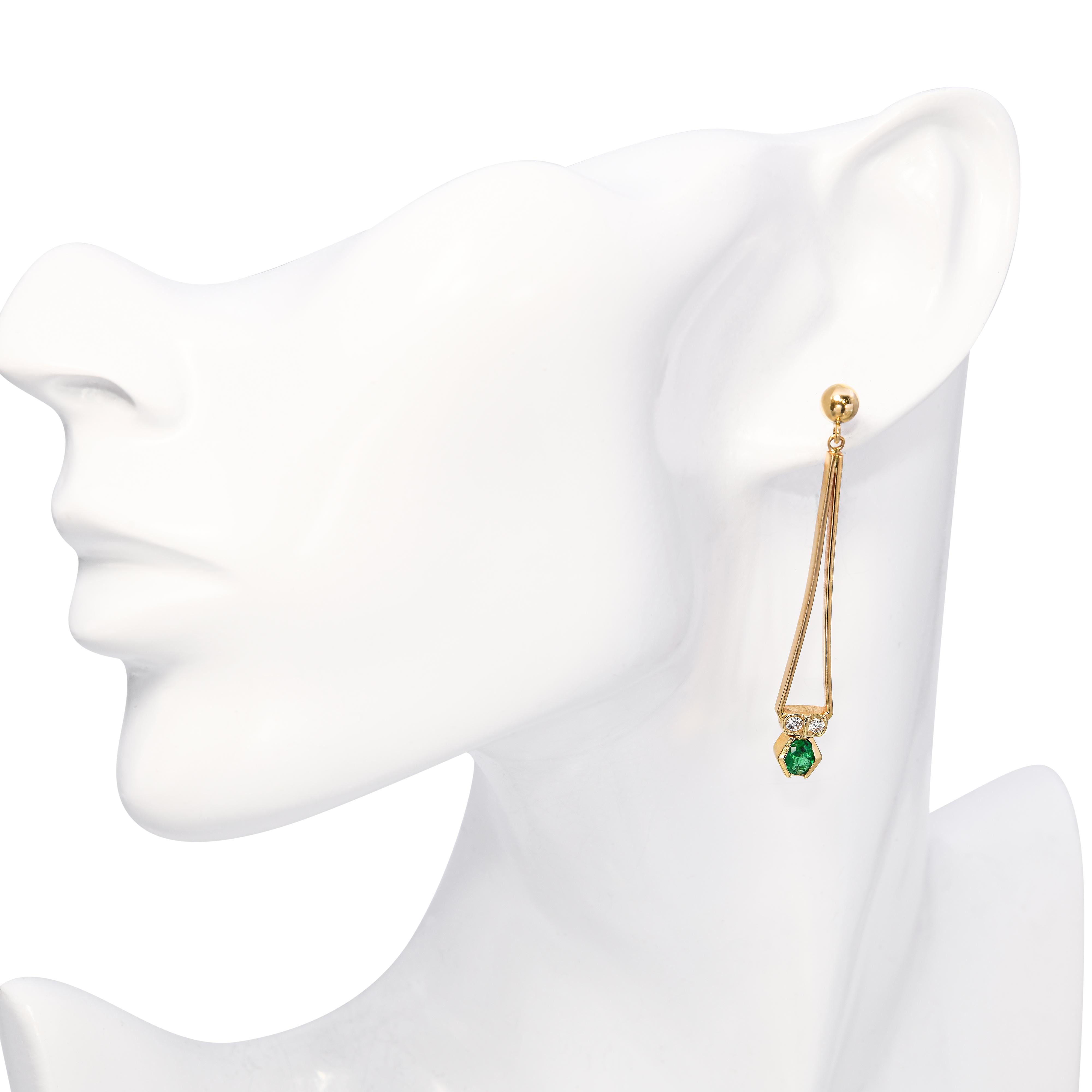 14k Yellow Gold Emerald and Diamond Geometric Drop Earrings