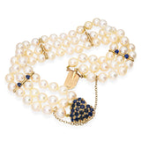 Vintage 14k Gold 2.5tcw Sapphire and Pearl Heart Clasp Triple Strand Bracelet