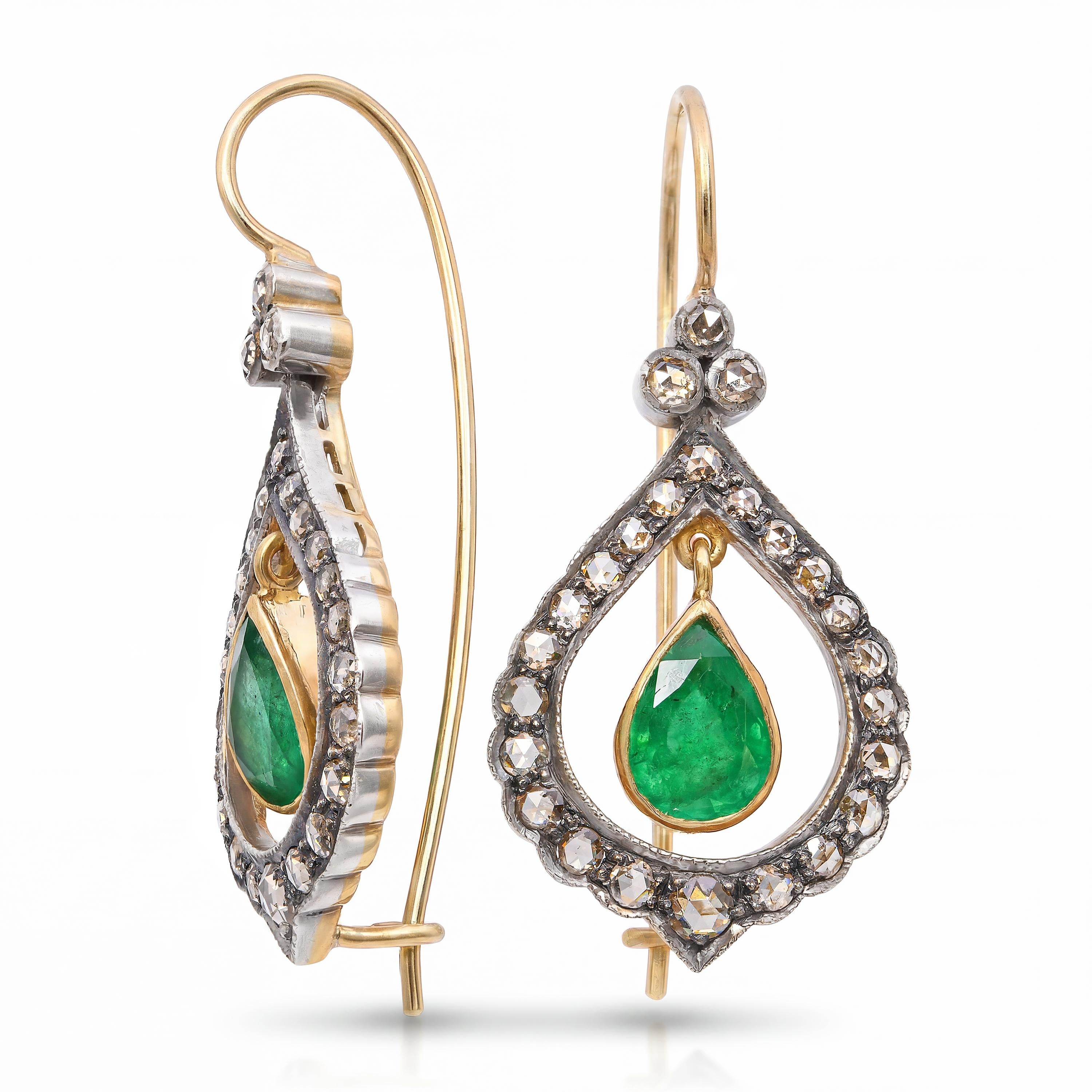 Vintage 17k Yellow Gold & Silver 2.46ctw Emerald & Diamond Earrings