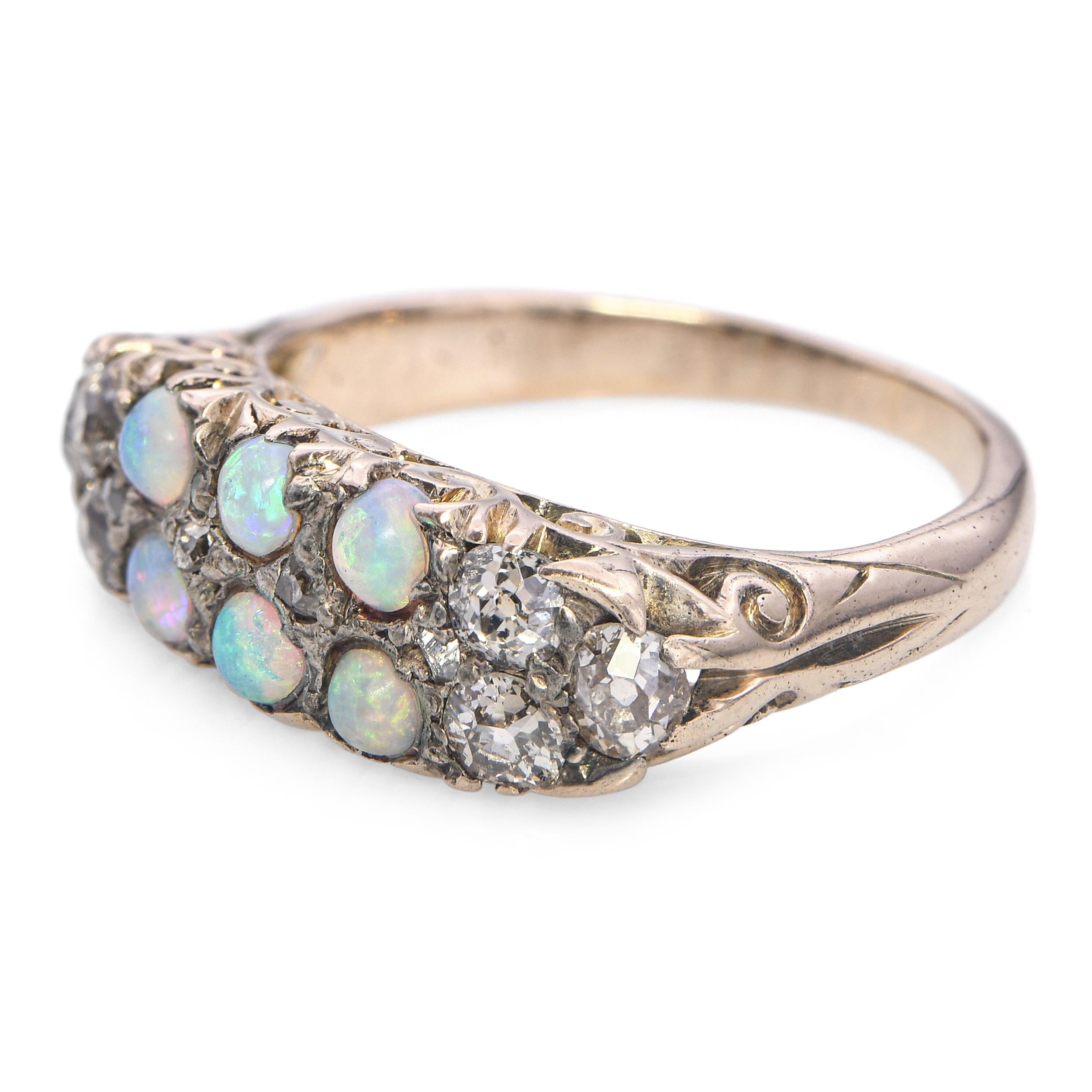 Antique 8k Yellow Gold 0.36tcw Old Mine Cut Diamond and Opal Filigree Ring