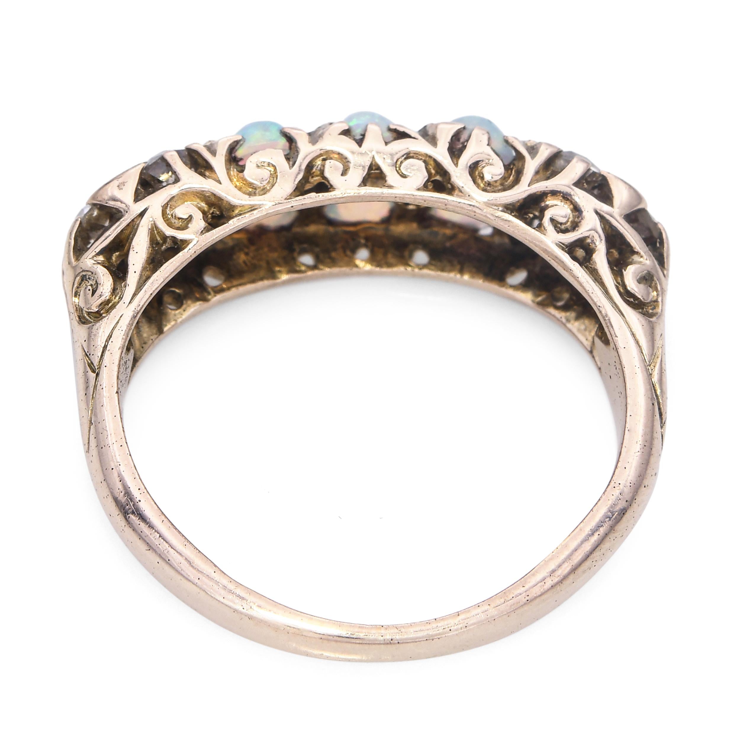 Antique 8k Yellow Gold 0.36tcw Old Mine Cut Diamond and Opal Filigree Ring