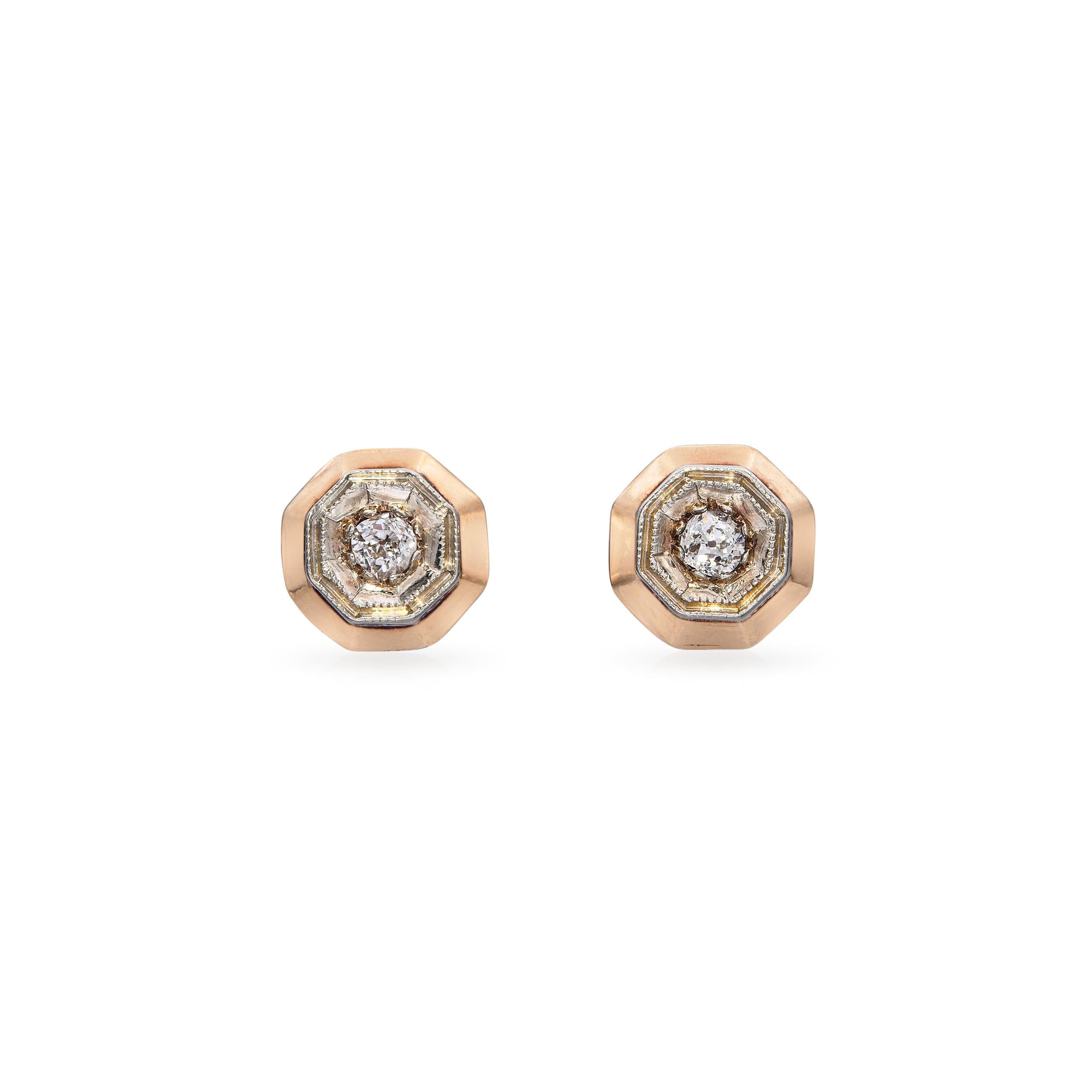 Antique 14k Yellow Gold Old European Cut Diamond Stud Earrings
