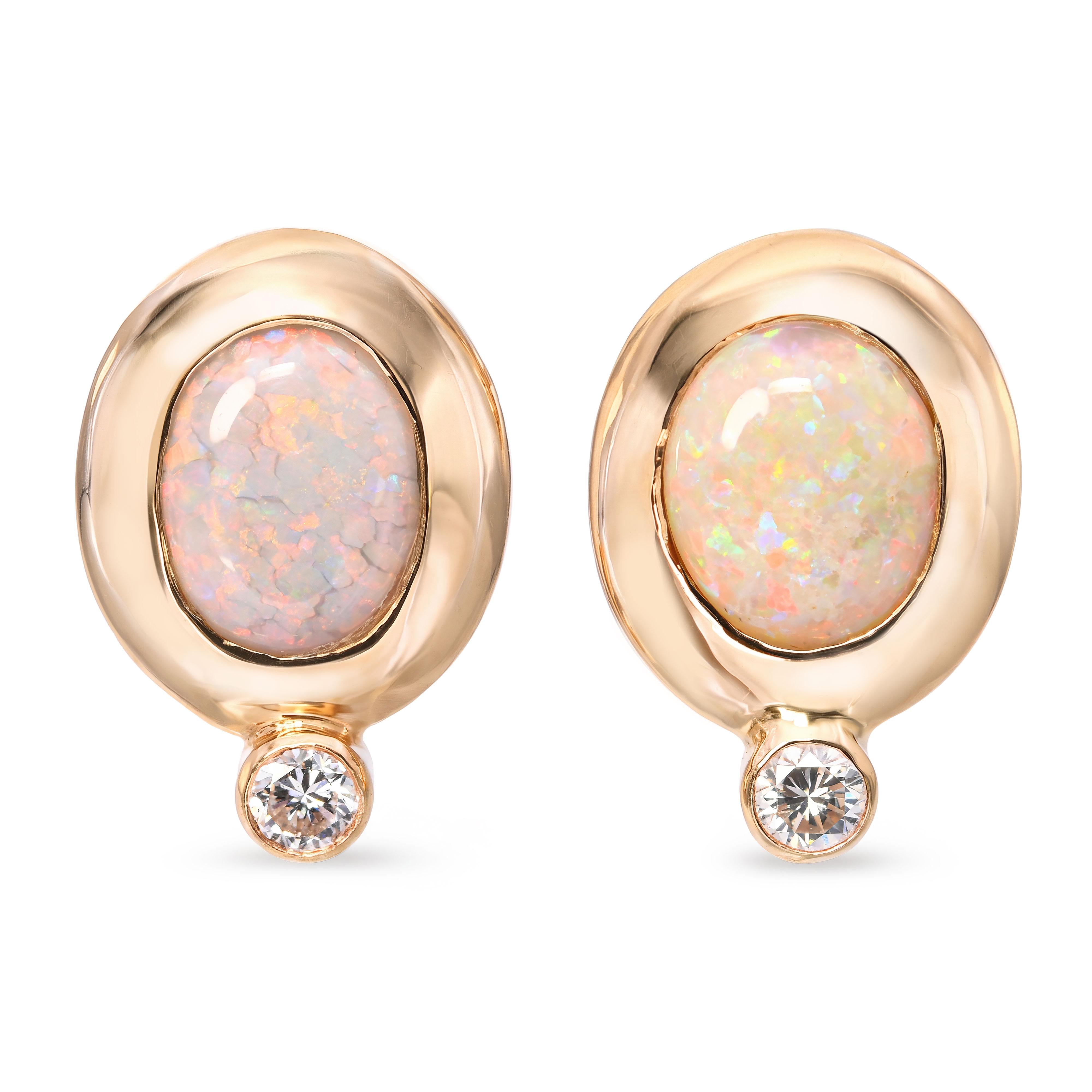 Vintage 13k Yellow Gold Opal & Diamond Earrings
