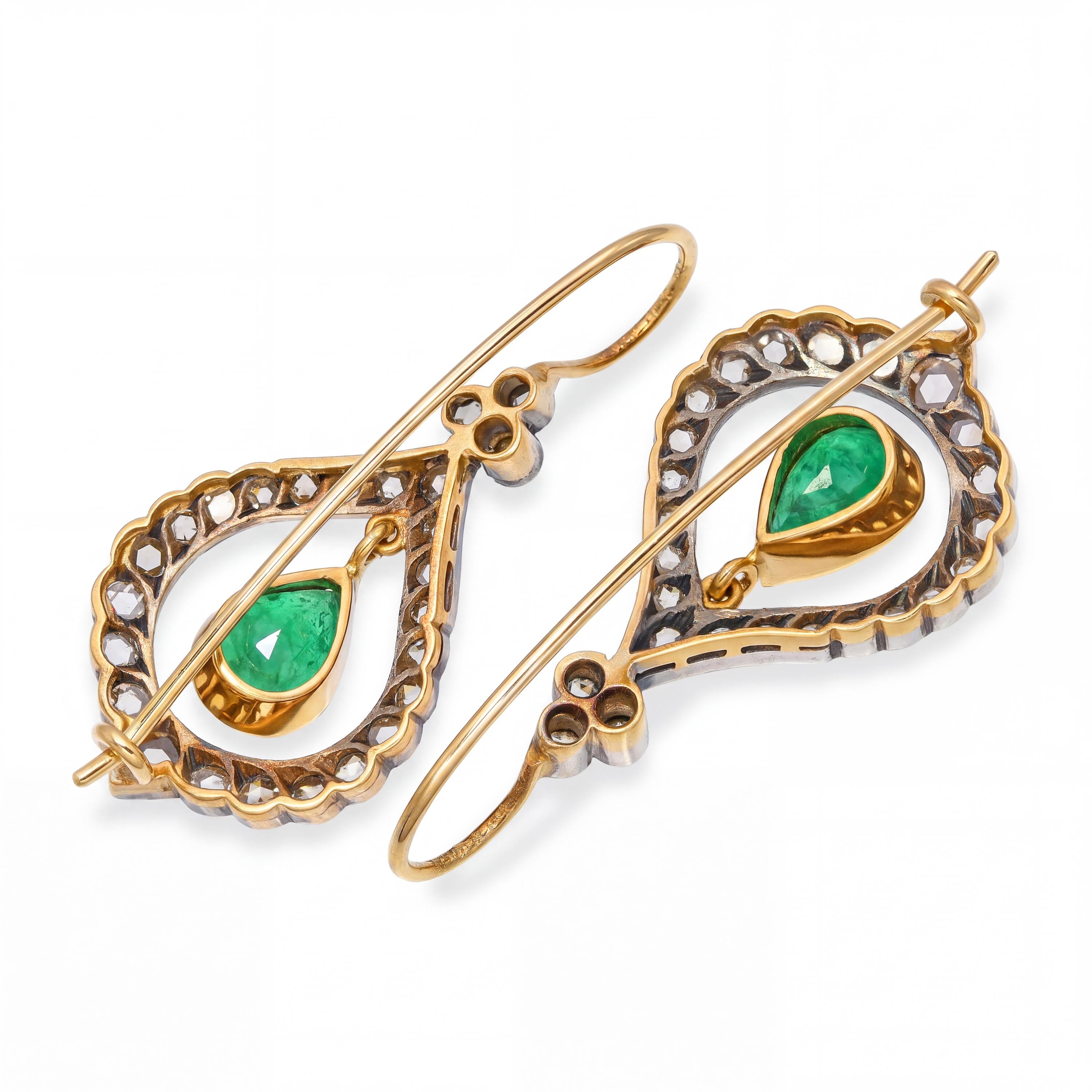 Vintage 17k Yellow Gold & Silver 2.46ctw Emerald & Diamond Earrings