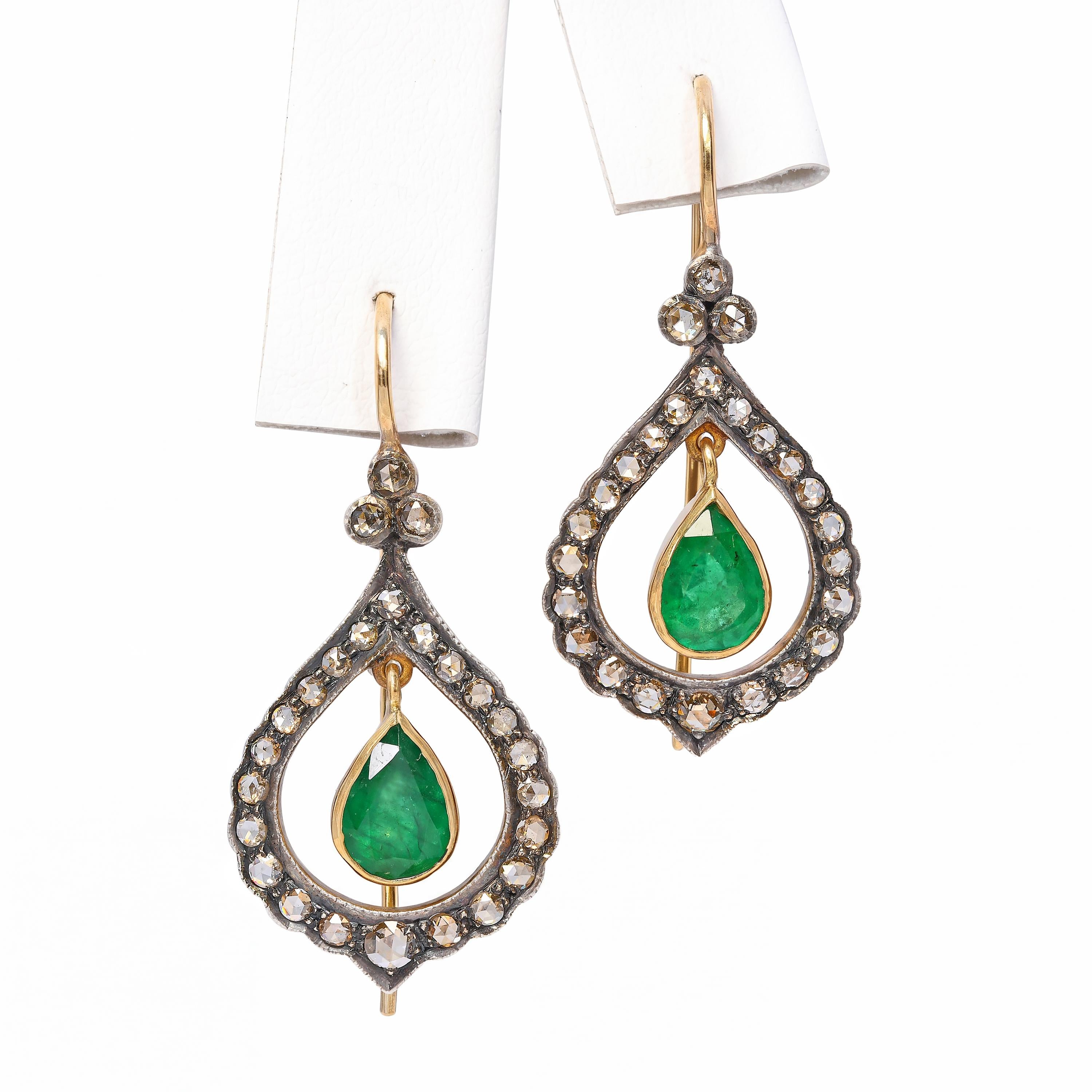 Vintage 17k Yellow Gold & Silver 2.46ctw Emerald & Diamond Earrings