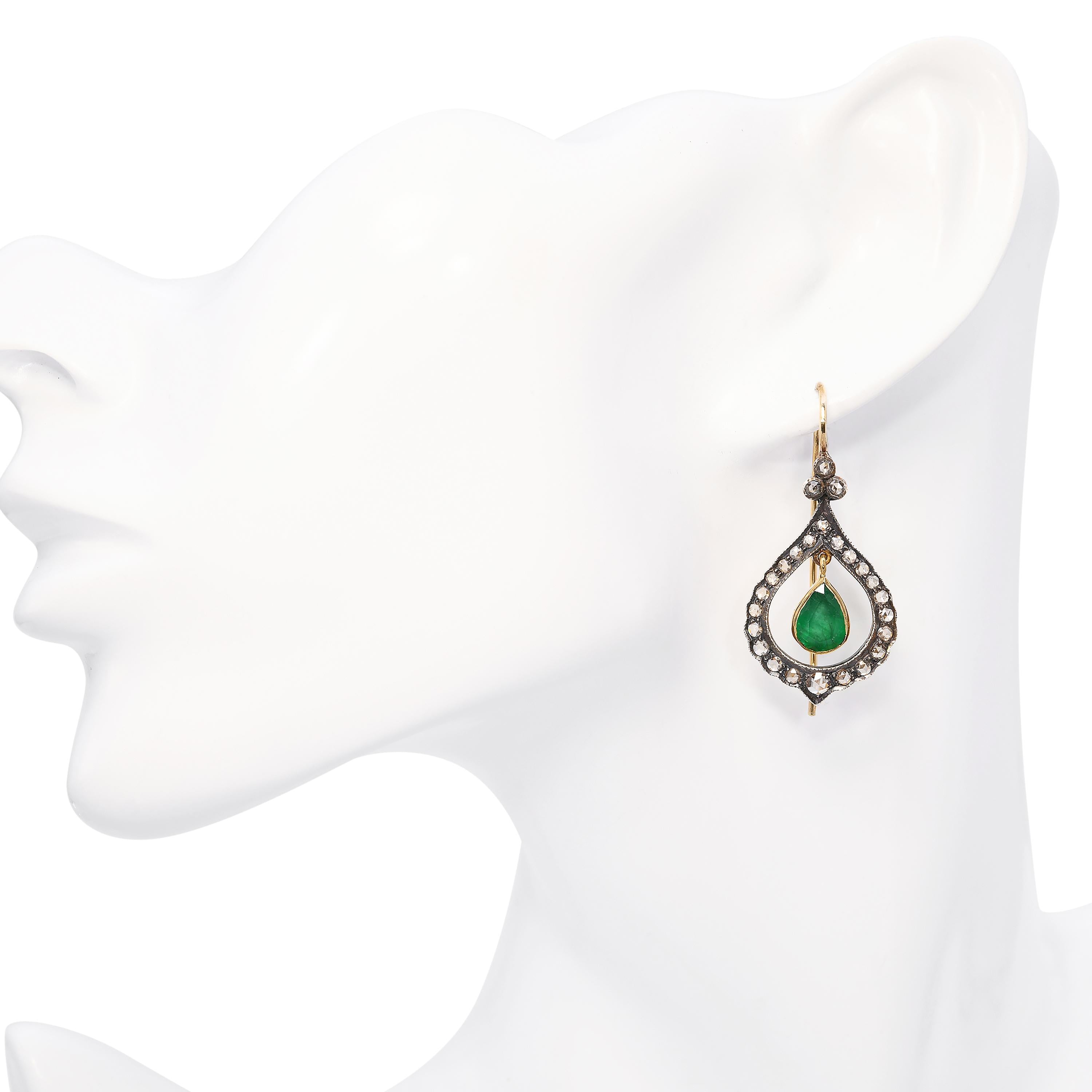 Vintage 17k Yellow Gold & Silver 2.46ctw Emerald & Diamond Earrings
