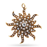 Antique 14k Gold 0.20ct Old Mine Cut Diamond Pearl Sunburst Brooch Pendant