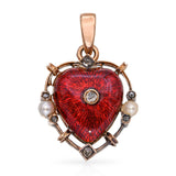 Antique Rose Gold Point Cut Diamond & Pearl Guilloche Enamel Heart Pendant