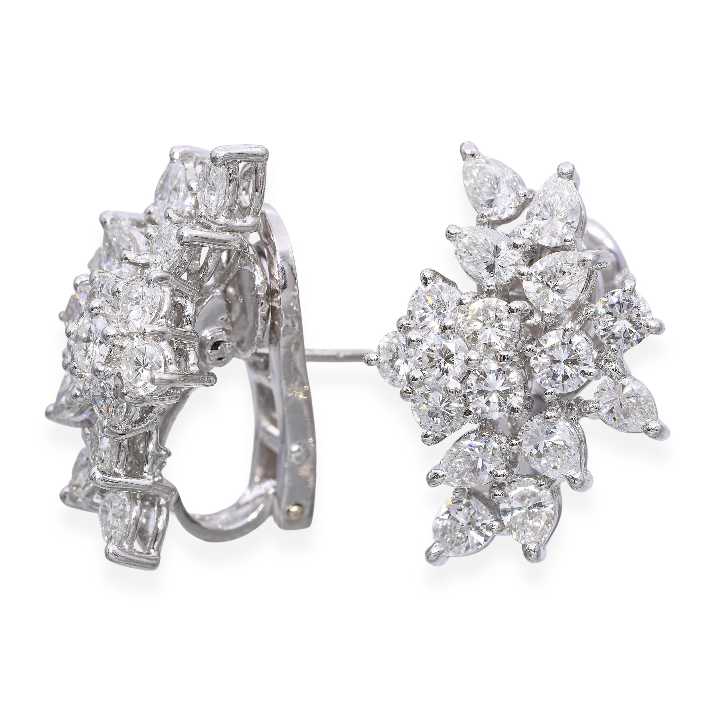 Platinum 6.14tcw Round and Pear Diamond Cluster Earrings