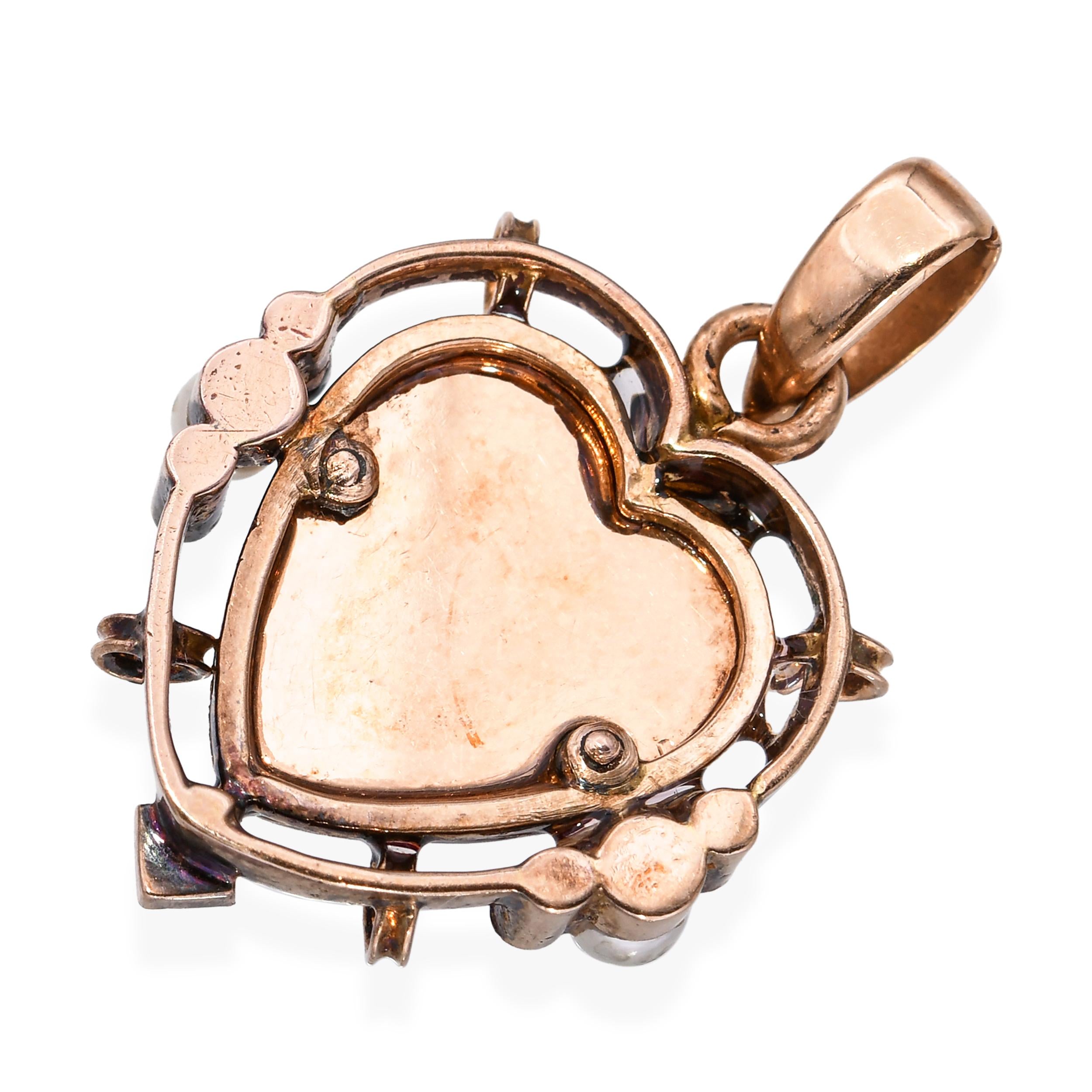 Antique Rose Gold Point Cut Diamond & Pearl Guilloche Enamel Heart Pendant