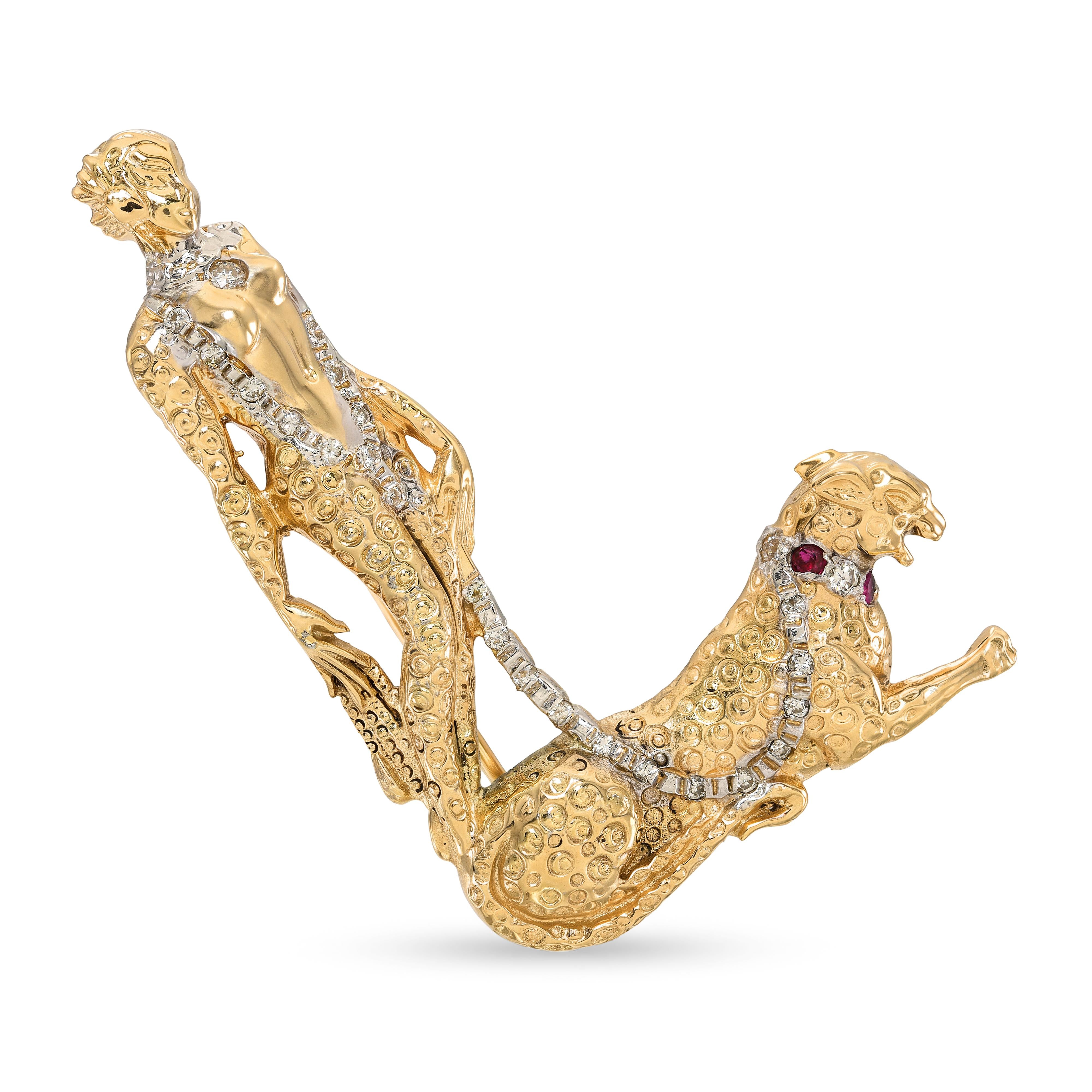 Erte 14k Yellow Gold Sultry Woman with Cheeta Diamond and Ruby Brooch Pin