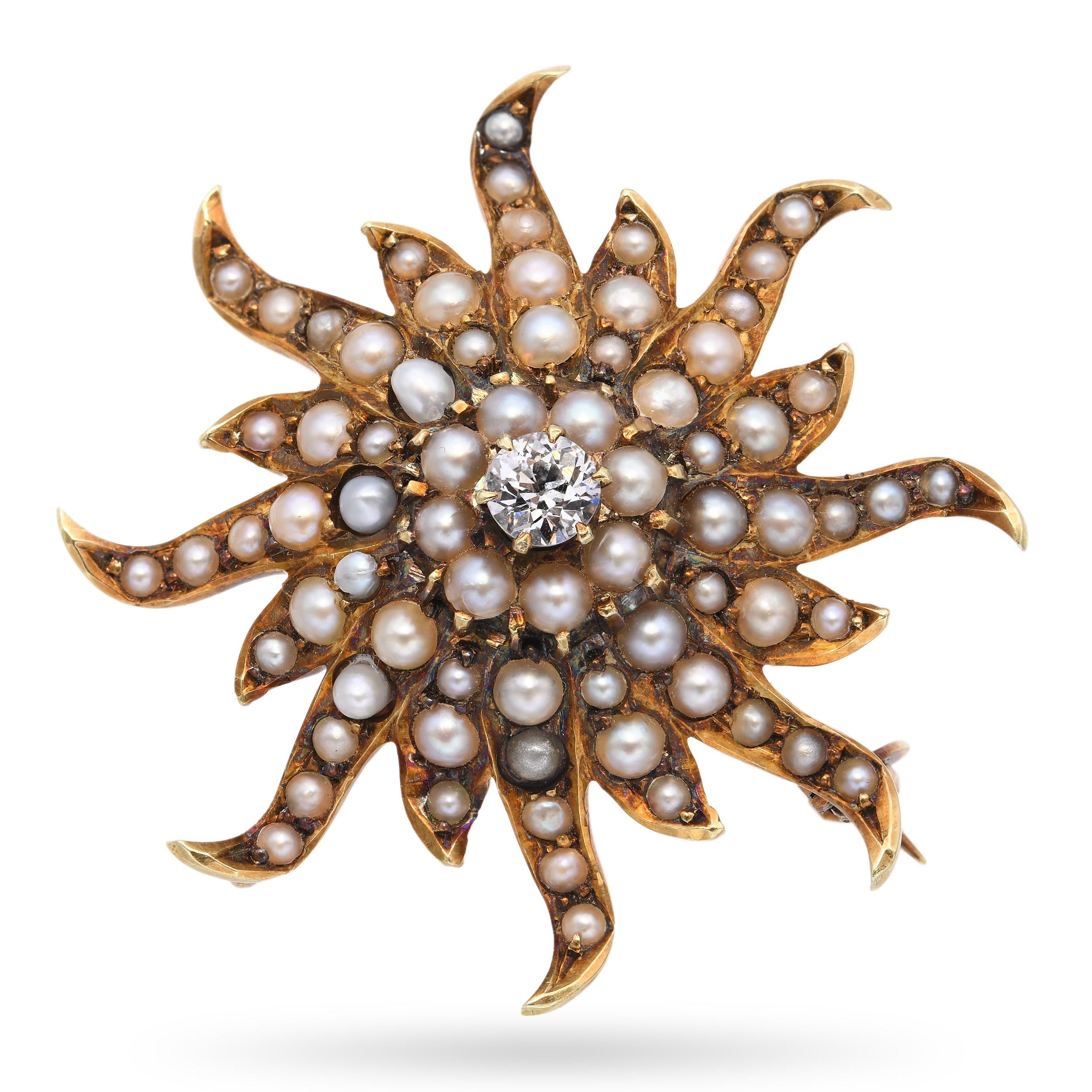 Antique 14k Gold 0.20ct Old Mine Cut Diamond Pearl Sunburst Brooch Pendant