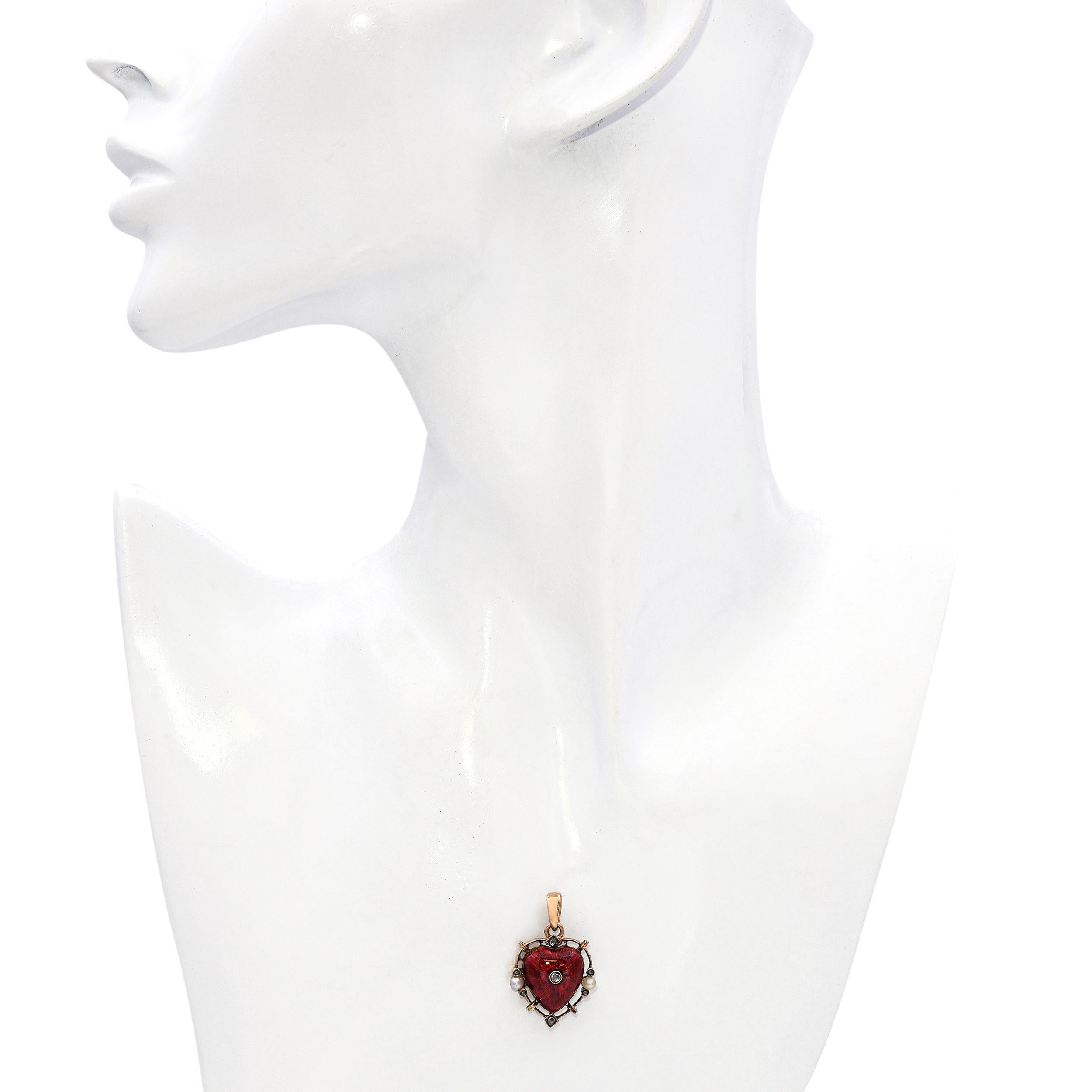 Antique Rose Gold Point Cut Diamond & Pearl Guilloche Enamel Heart Pendant