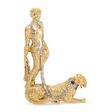 Erte 14k Yellow Gold Sultry Woman with Cheeta Diamond and Ruby Brooch Pin