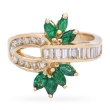 14k Yellow Gold Emerald and Diamond Floral Interlinked Ring
