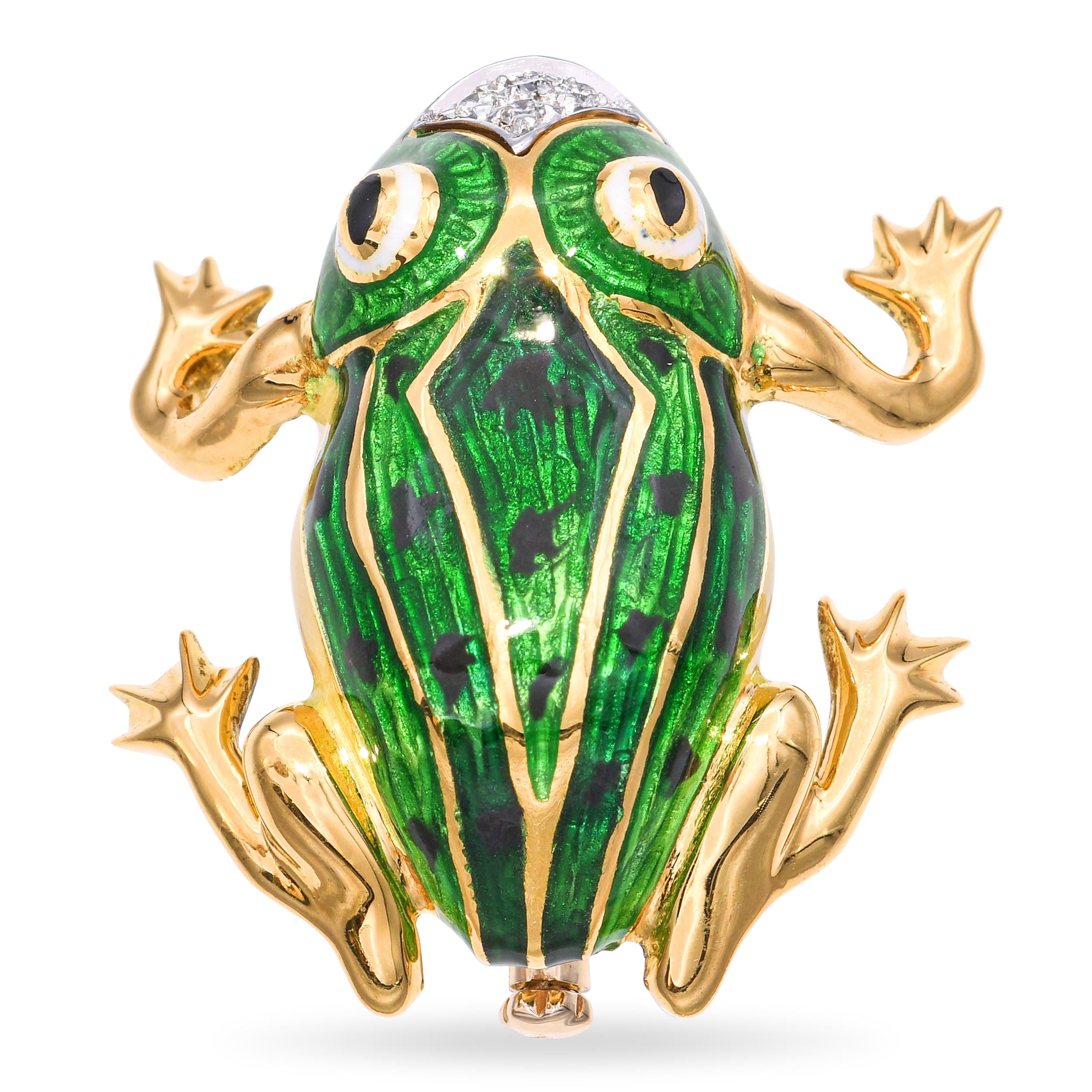 Vintage 18k Yellow Gold Diamond and Enamel Frog Brooch Pin