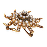 Antique 14k Gold 0.20ct Old Mine Cut Diamond Pearl Sunburst Brooch Pendant
