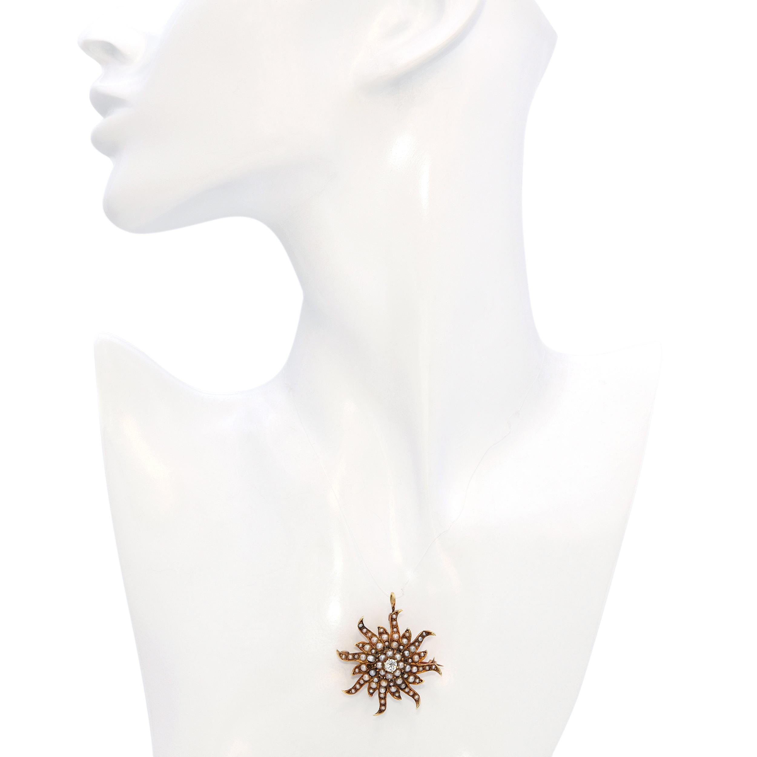Antique 14k Gold 0.20ct Old Mine Cut Diamond Pearl Sunburst Brooch Pendant
