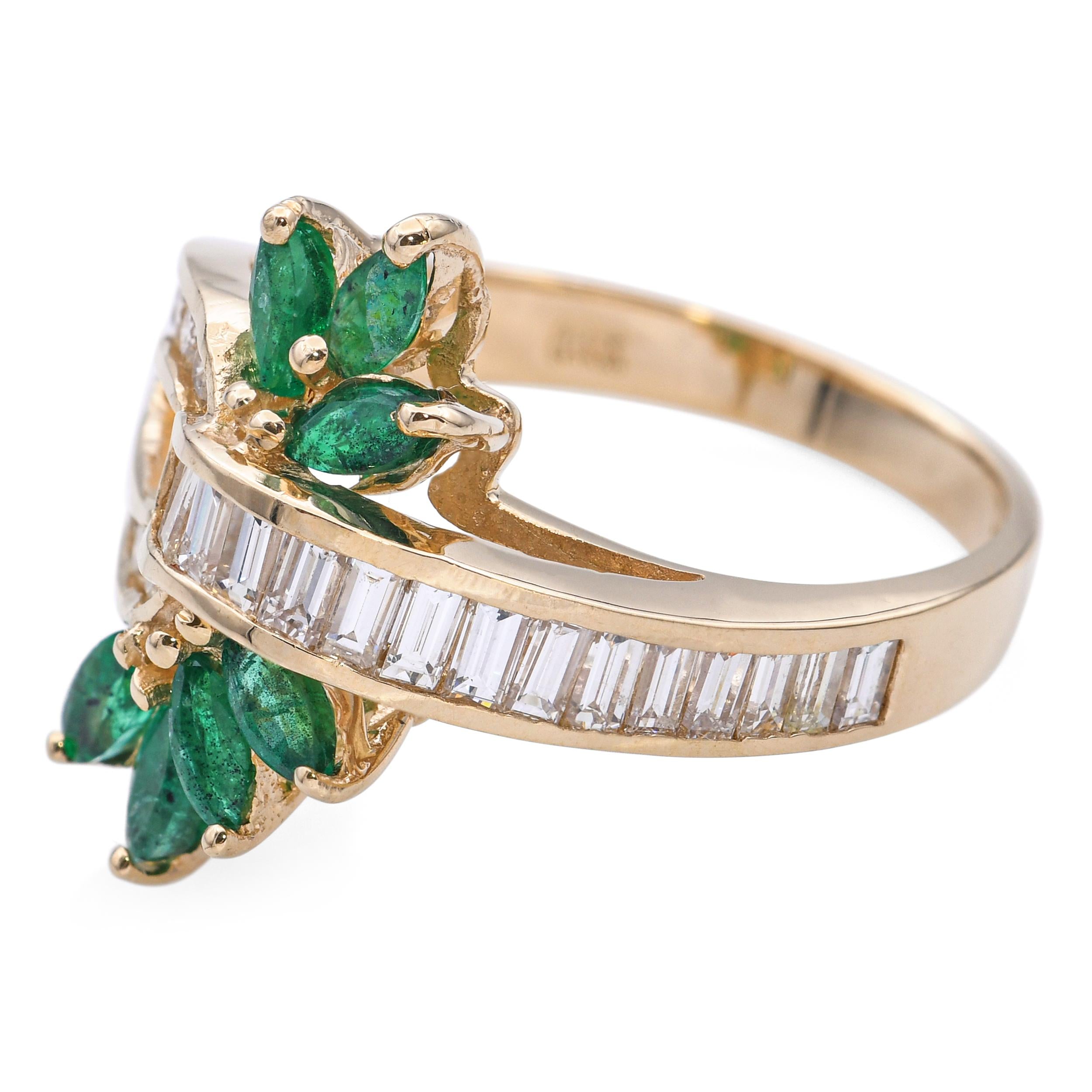 14k Yellow Gold Emerald and Diamond Floral Interlinked Ring