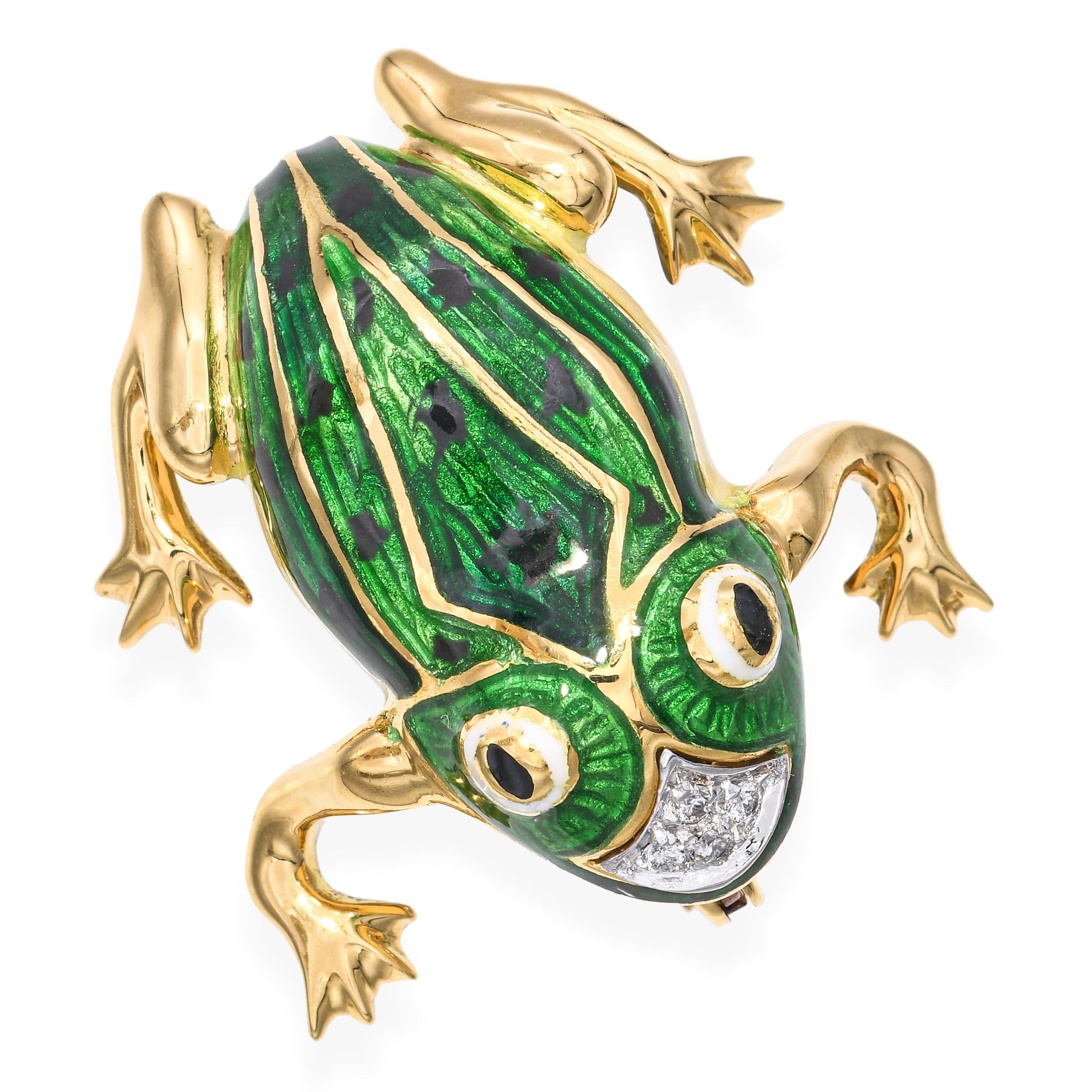 Vintage 18k Yellow Gold Diamond and Enamel Frog Brooch Pin