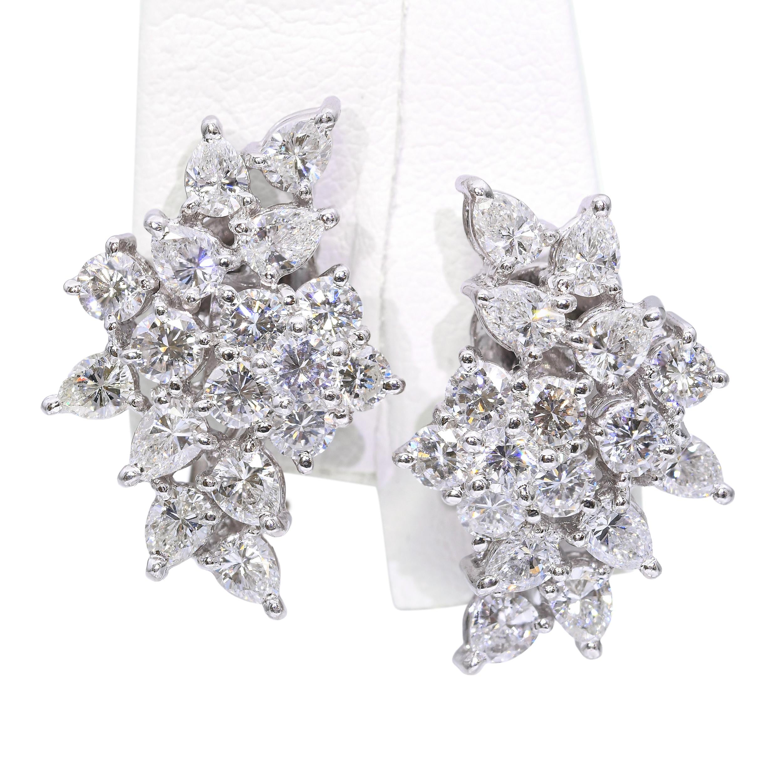 Platinum 6.14tcw Round and Pear Diamond Cluster Earrings