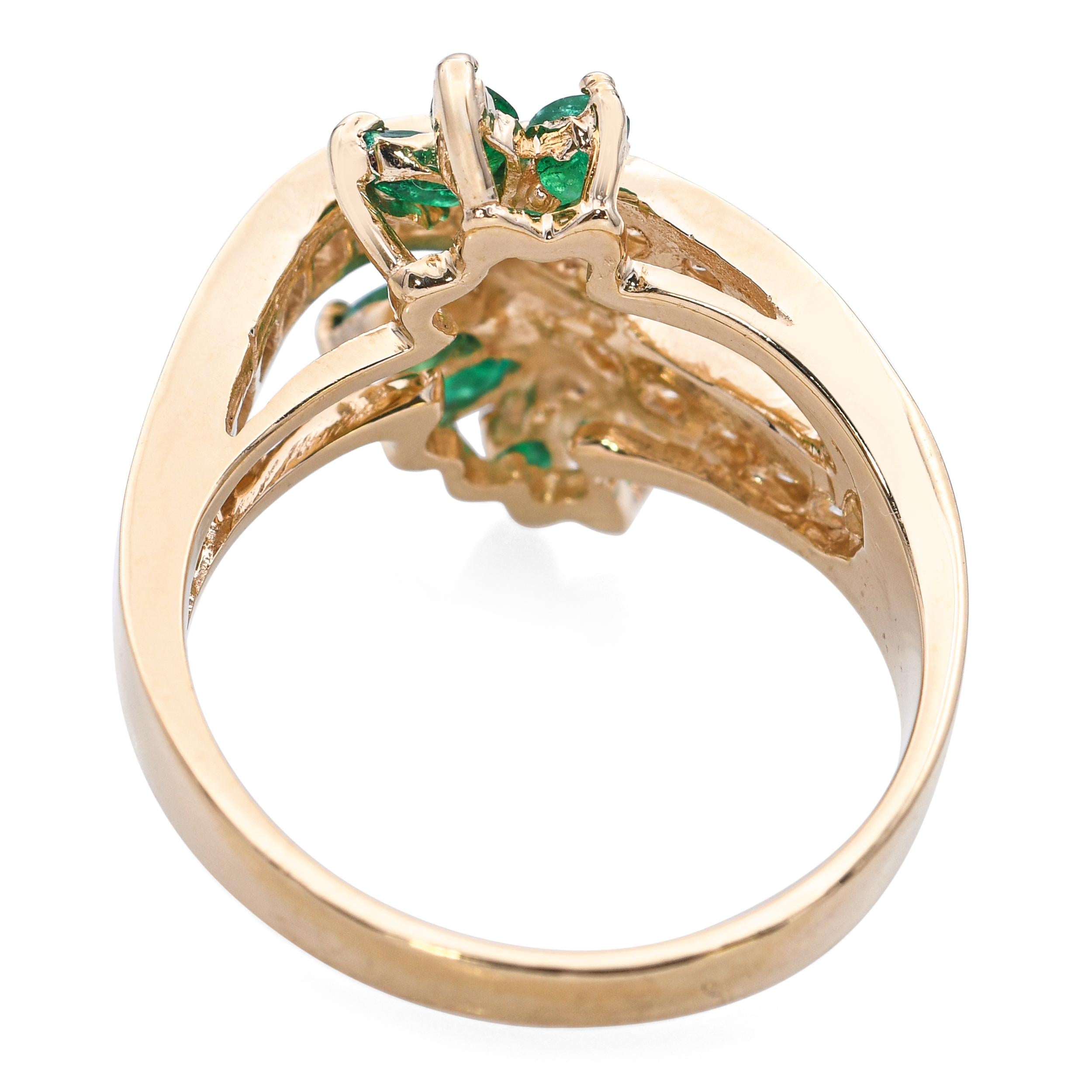 14k Yellow Gold Emerald and Diamond Floral Interlinked Ring