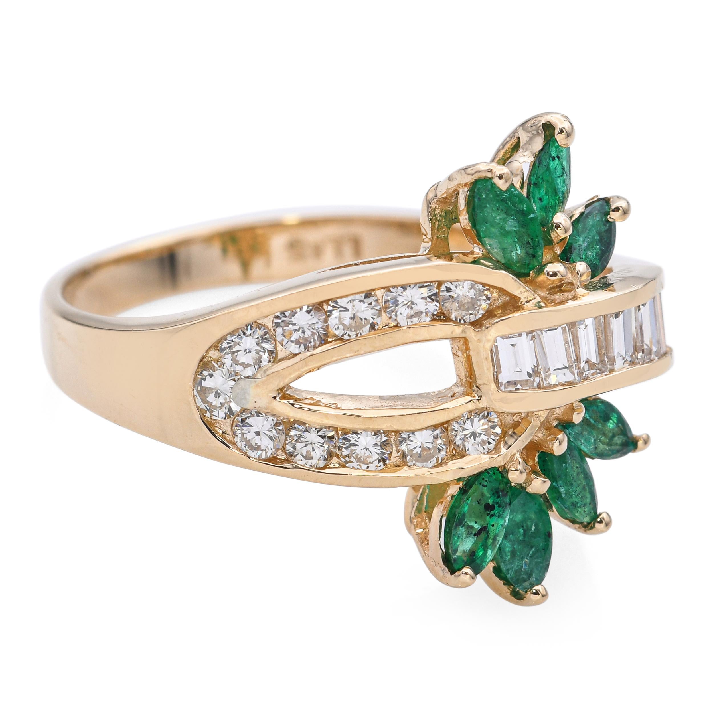 14k Yellow Gold Emerald and Diamond Floral Interlinked Ring