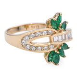 14k Yellow Gold Emerald and Diamond Floral Interlinked Ring