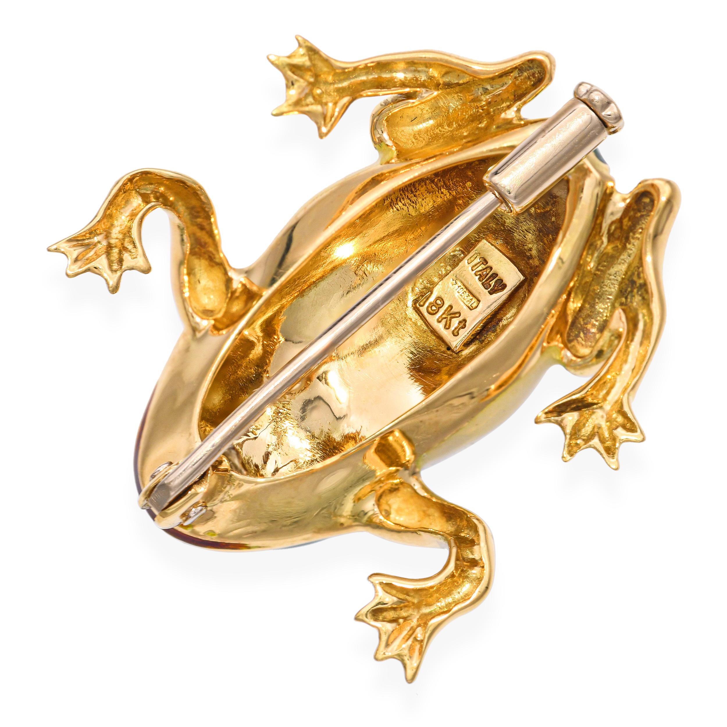 Vintage 18k Yellow Gold Diamond and Enamel Frog Brooch Pin
