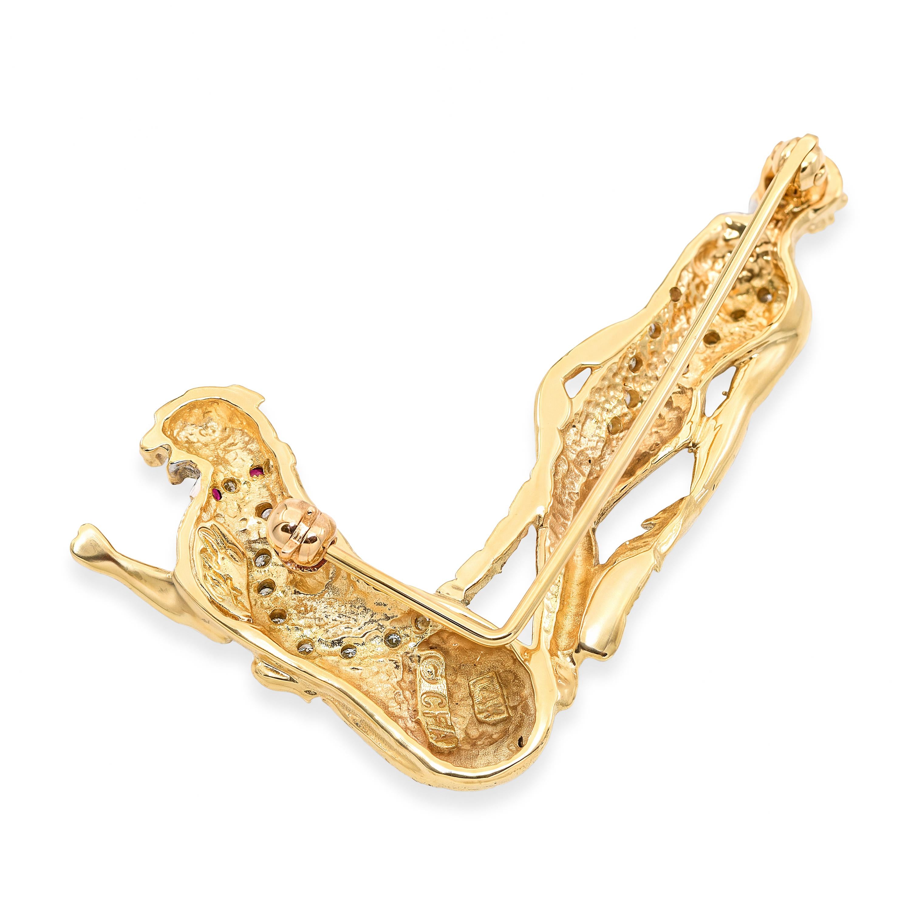 Erte 14k Yellow Gold Sultry Woman with Cheeta Diamond and Ruby Brooch Pin